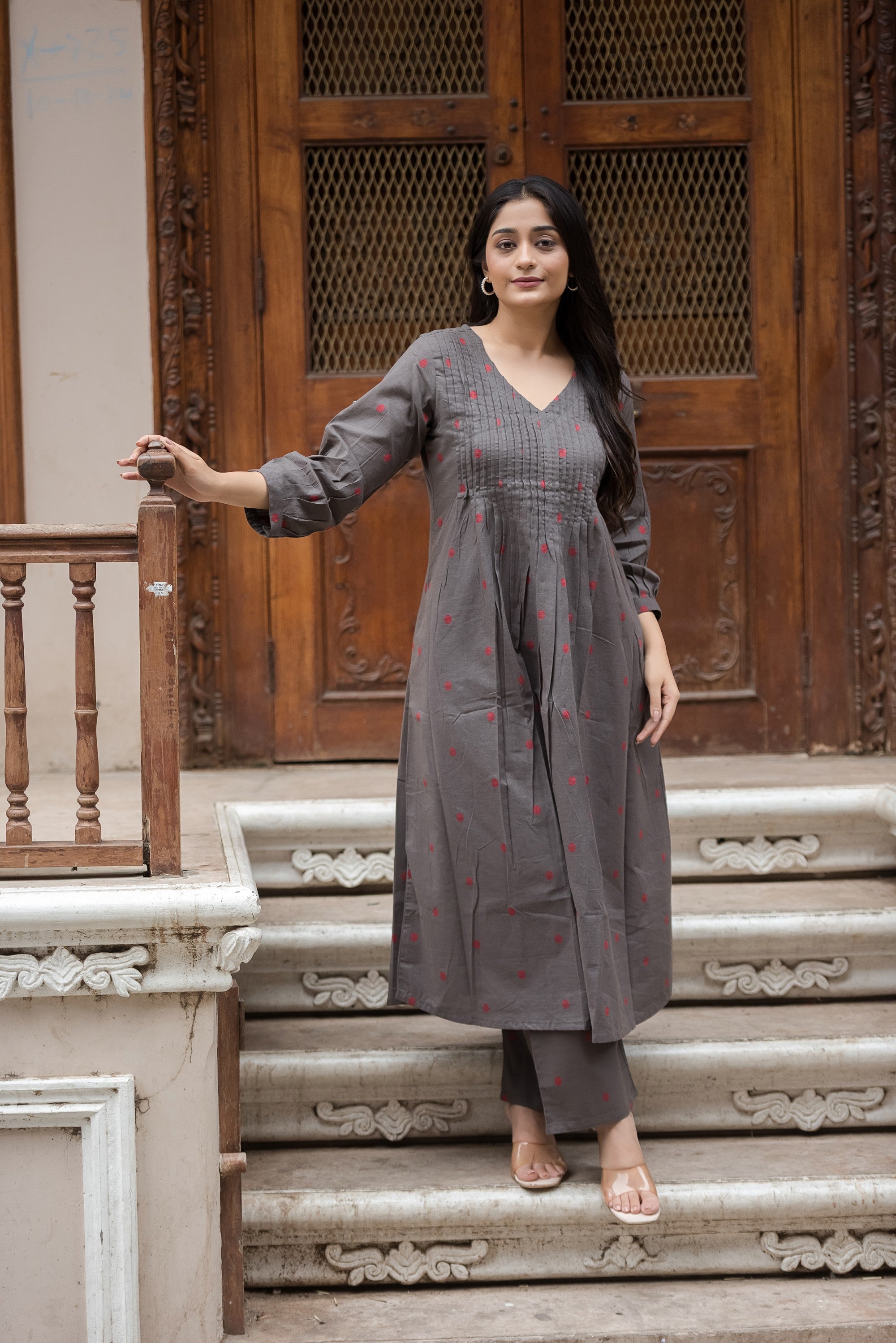 Charcol Gray Cotton Dobby Front Plitted A-line Kurti and Palazzo set