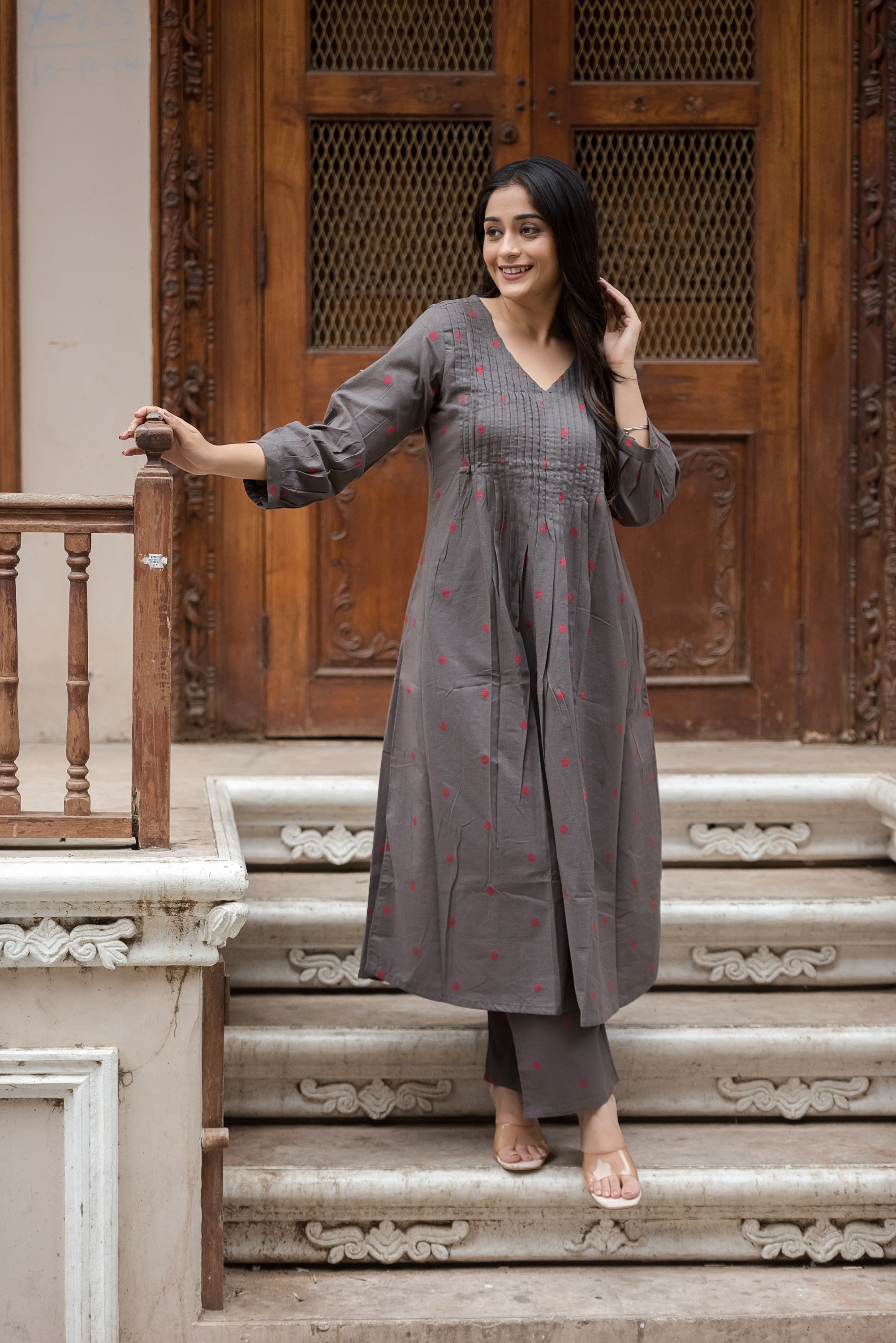 Charcol Gray Cotton Dobby Front Plitted A-line Kurti and Palazzo set
