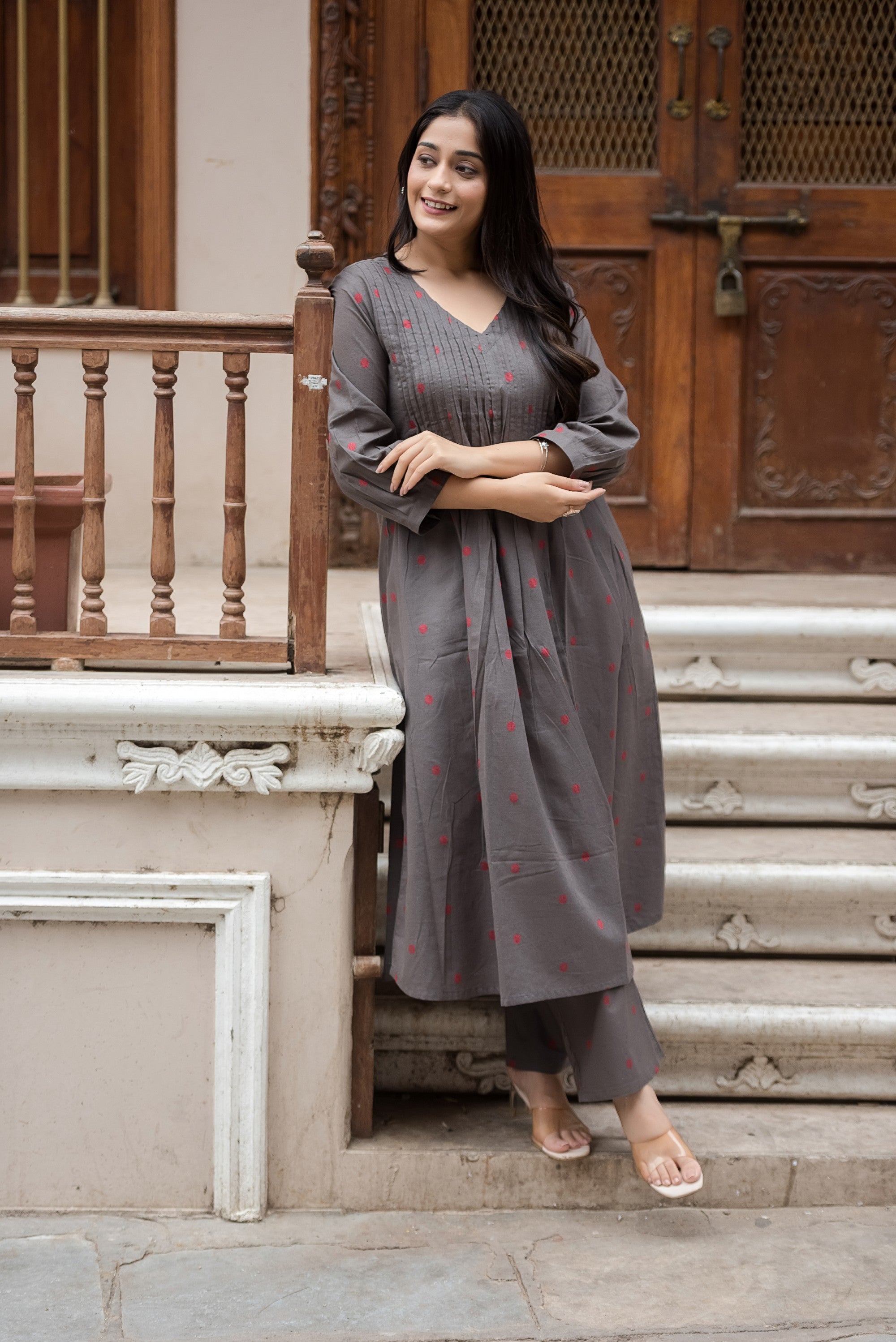 Charcol Gray Cotton Dobby Front Plitted A-line Kurti and Palazzo set