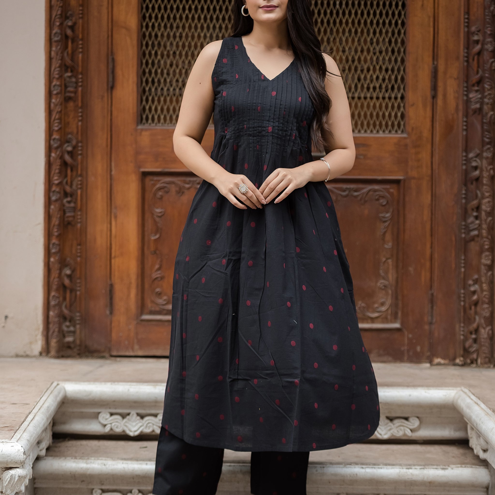 Black-red Cotton Dobby Haulter Front Plitted A-line Kurti and Palazzo set