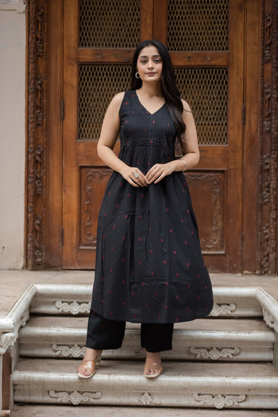 Black-red Cotton Dobby Haulter Front Plitted A-line Kurti and Palazzo set