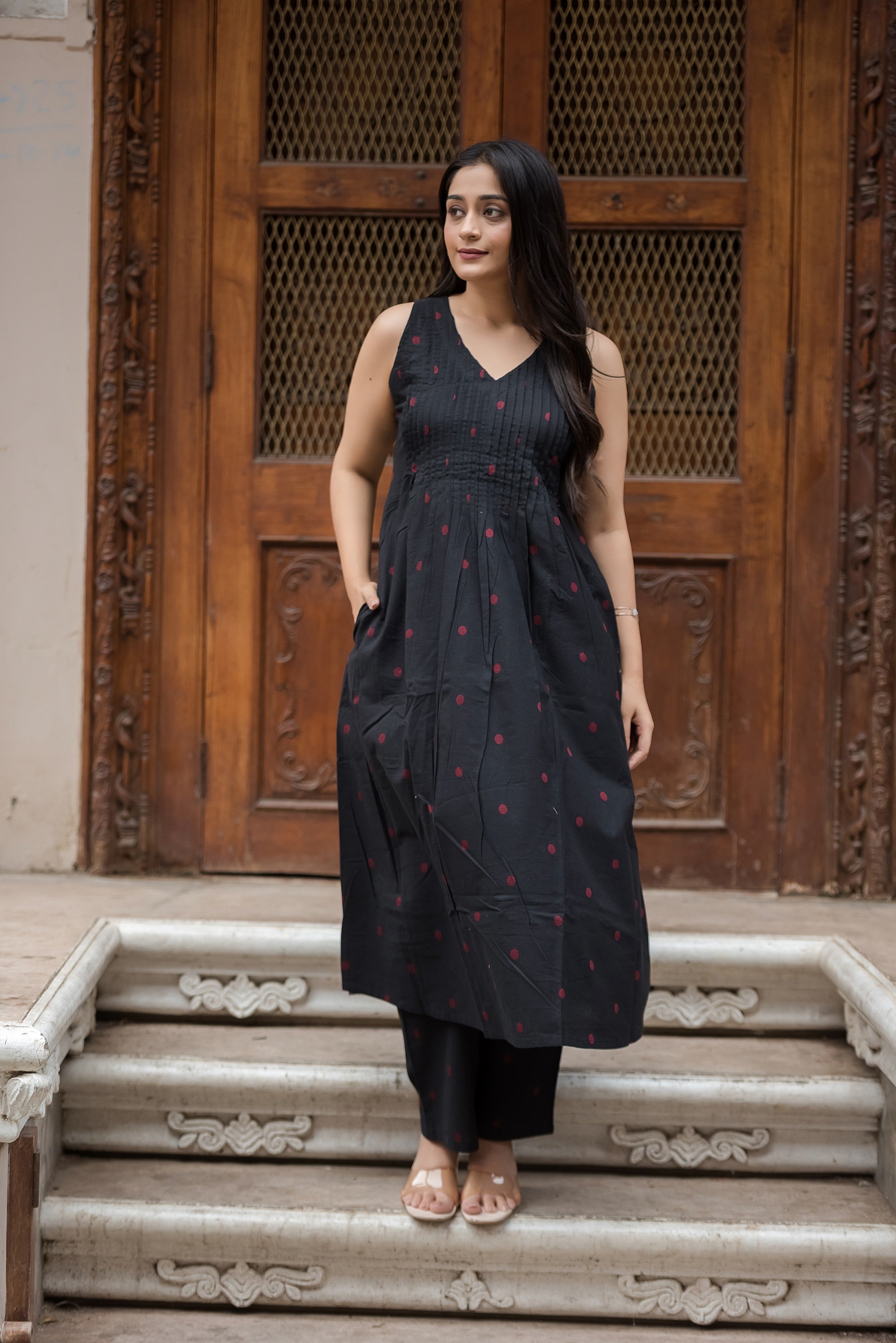 Black-red Cotton Dobby Haulter Front Plitted A-line Kurti and Palazzo set