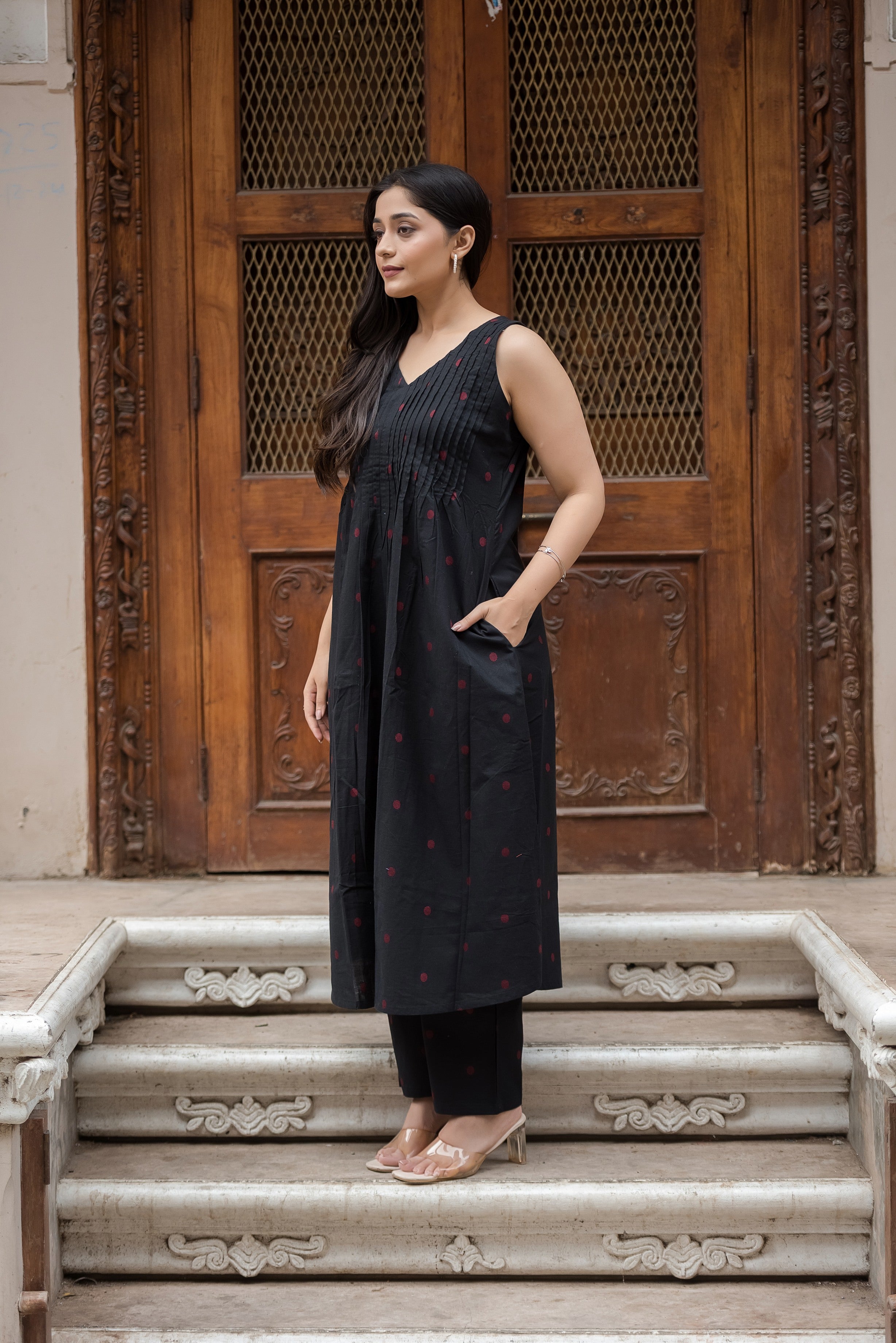 Black-red Cotton Dobby Haulter Front Plitted A-line Kurti and Palazzo set