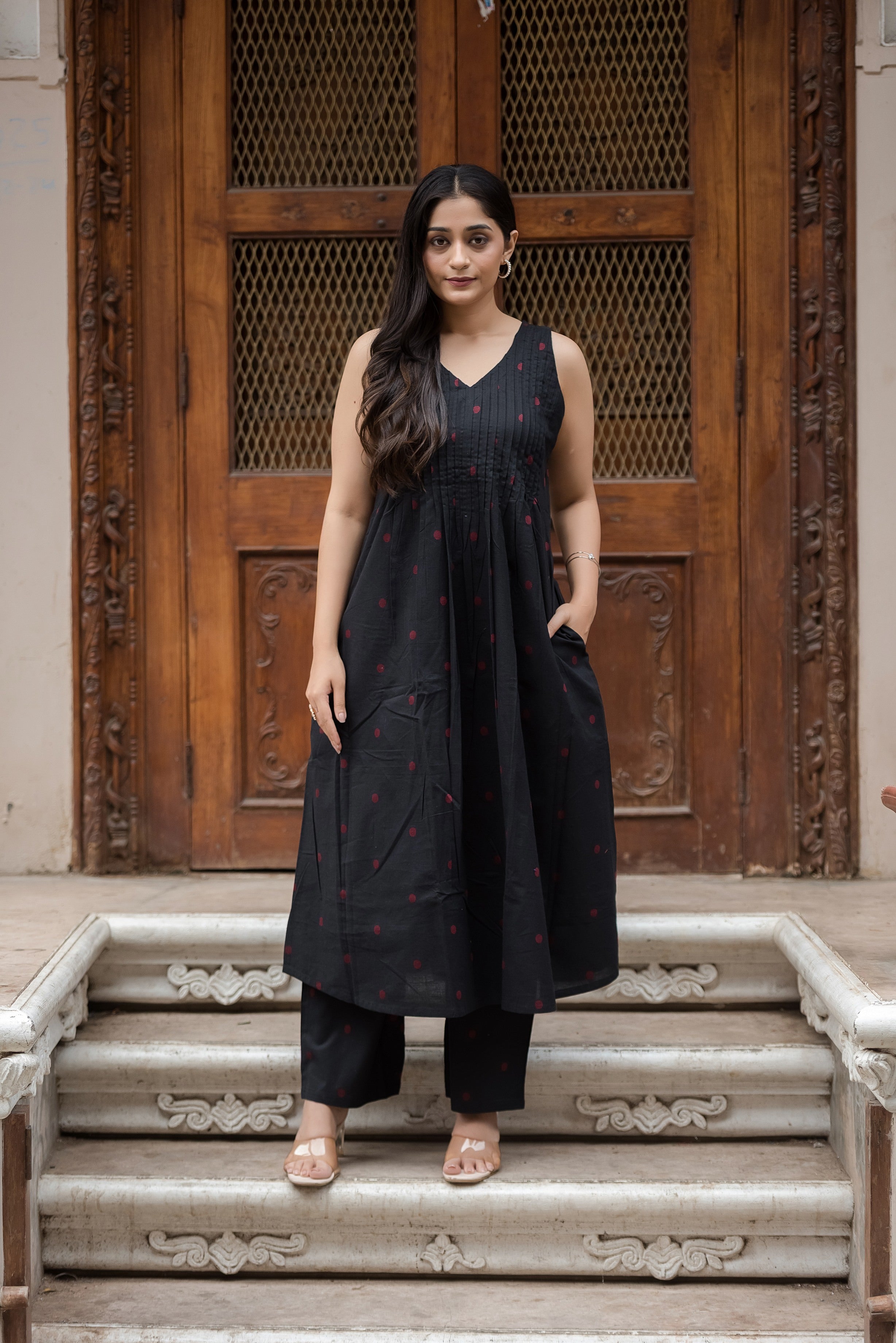 Black-red Cotton Dobby Haulter Front Plitted A-line Kurti and Palazzo set