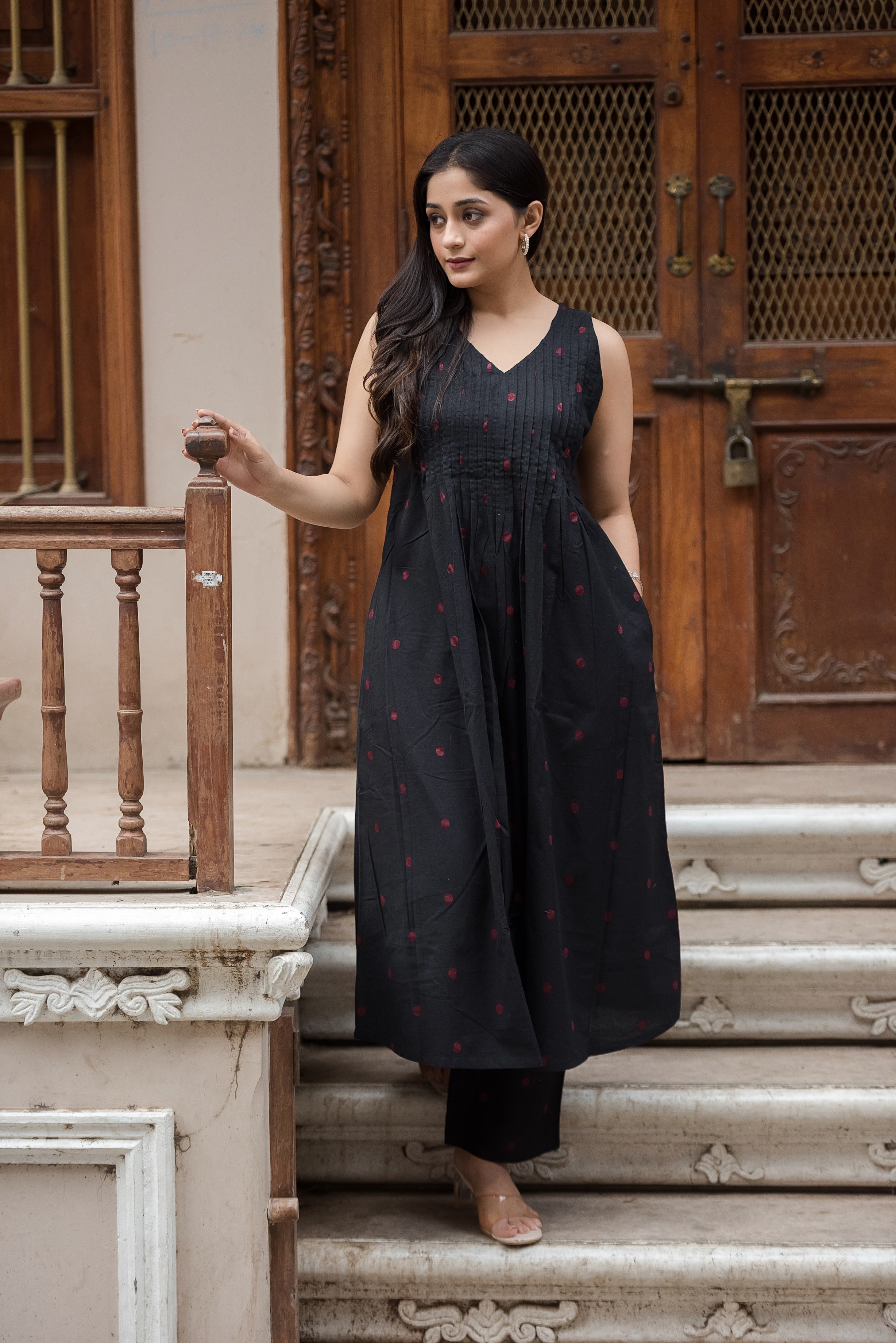 Black-red Cotton Dobby Haulter Front Plitted A-line Kurti and Palazzo set