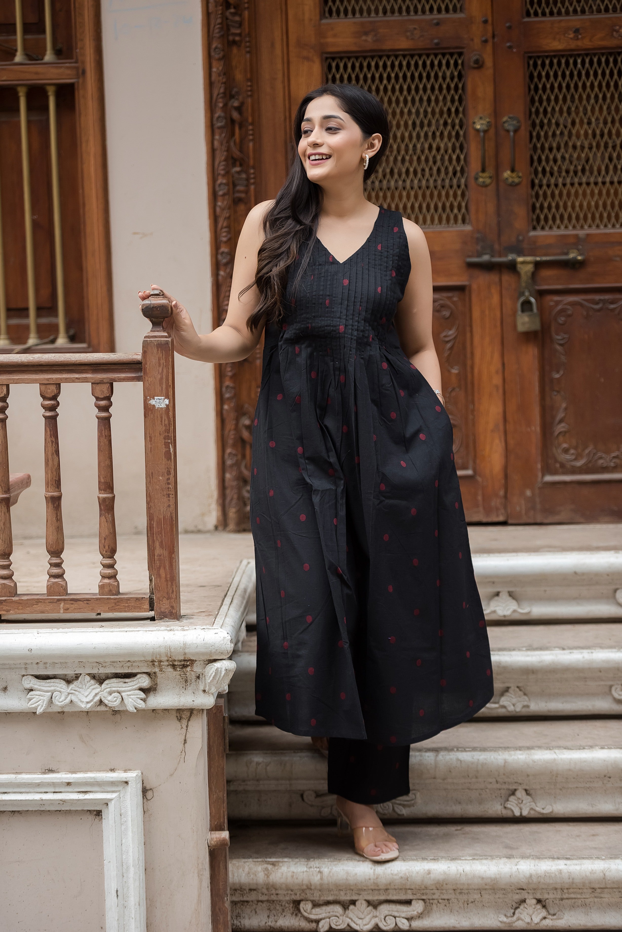 Black-red Cotton Dobby Haulter Front Plitted A-line Kurti and Palazzo set