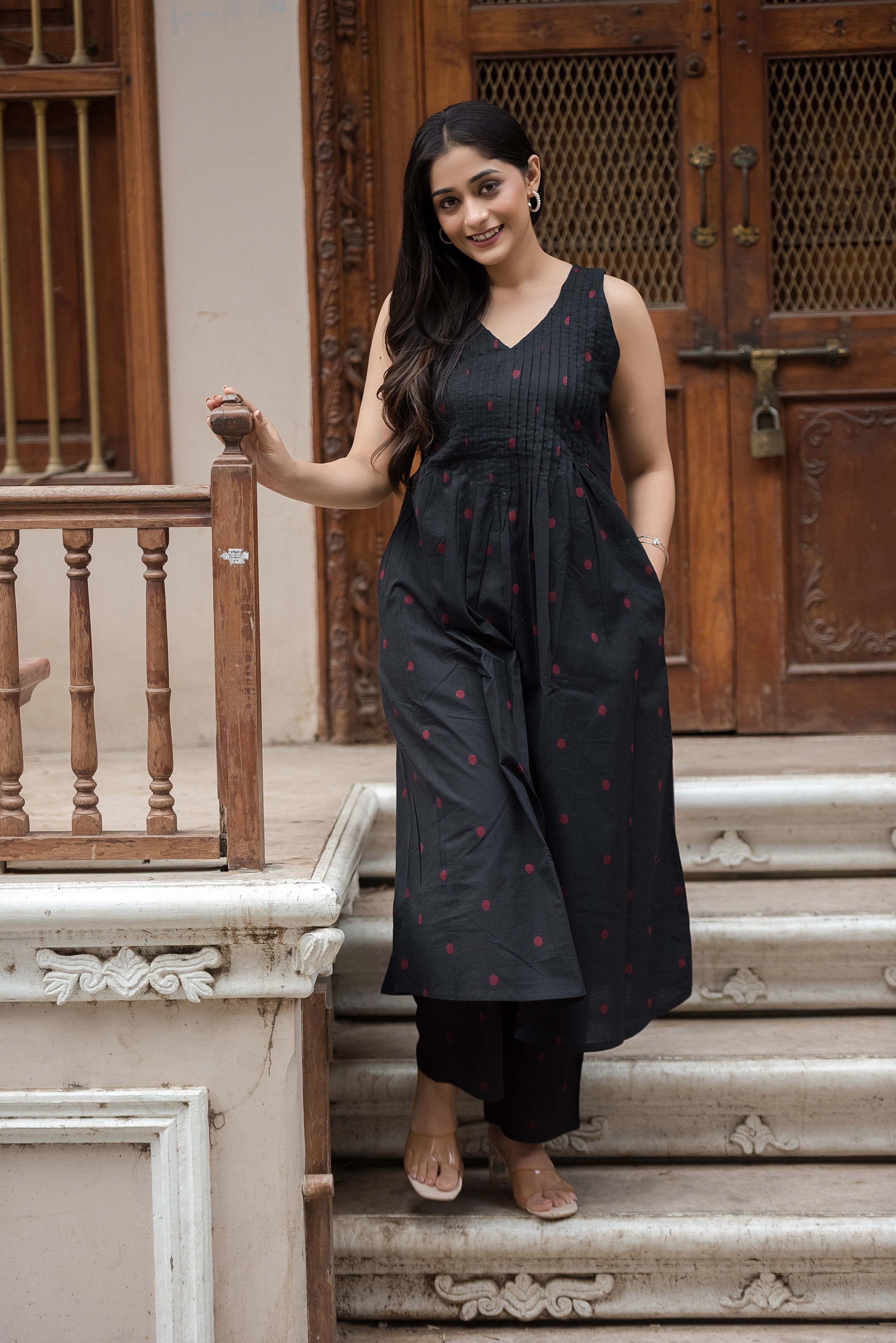Black-red Cotton Dobby Haulter Front Plitted A-line Kurti and Palazzo set
