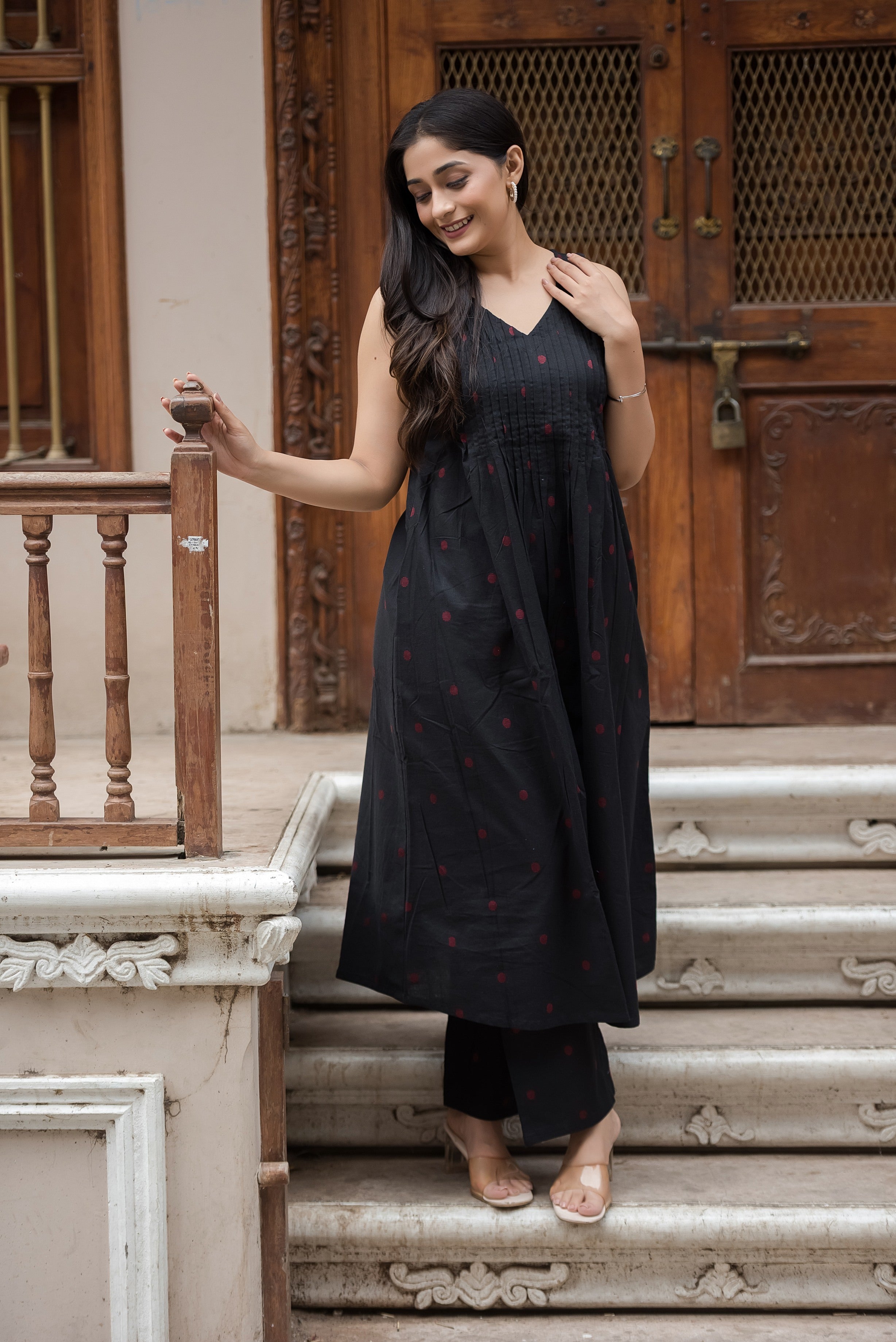 Black-red Cotton Dobby Haulter Front Plitted A-line Kurti and Palazzo set