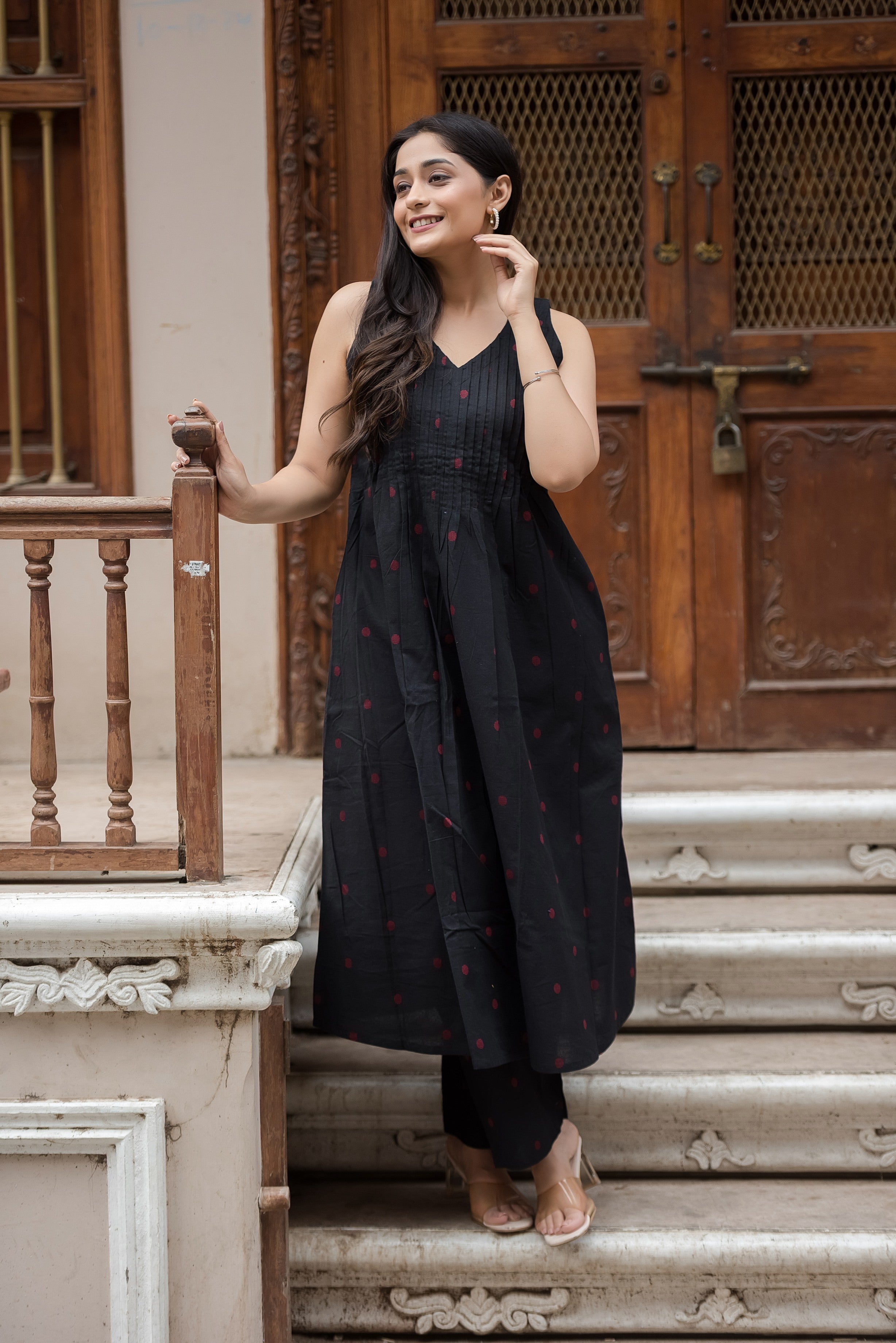 Black-red Cotton Dobby Haulter Front Plitted A-line Kurti and Palazzo set