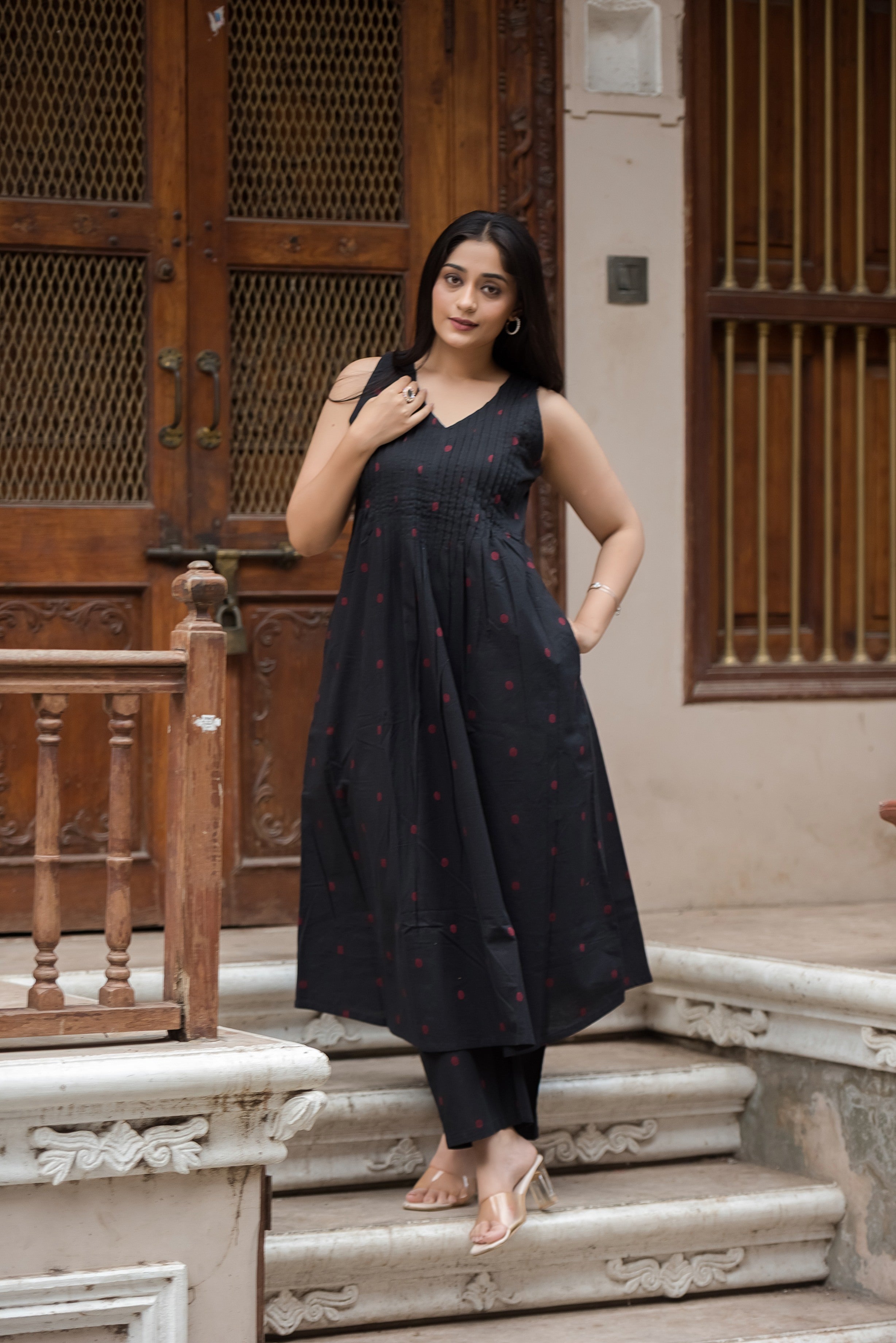 Black-red Cotton Dobby Haulter Front Plitted A-line Kurti and Palazzo set