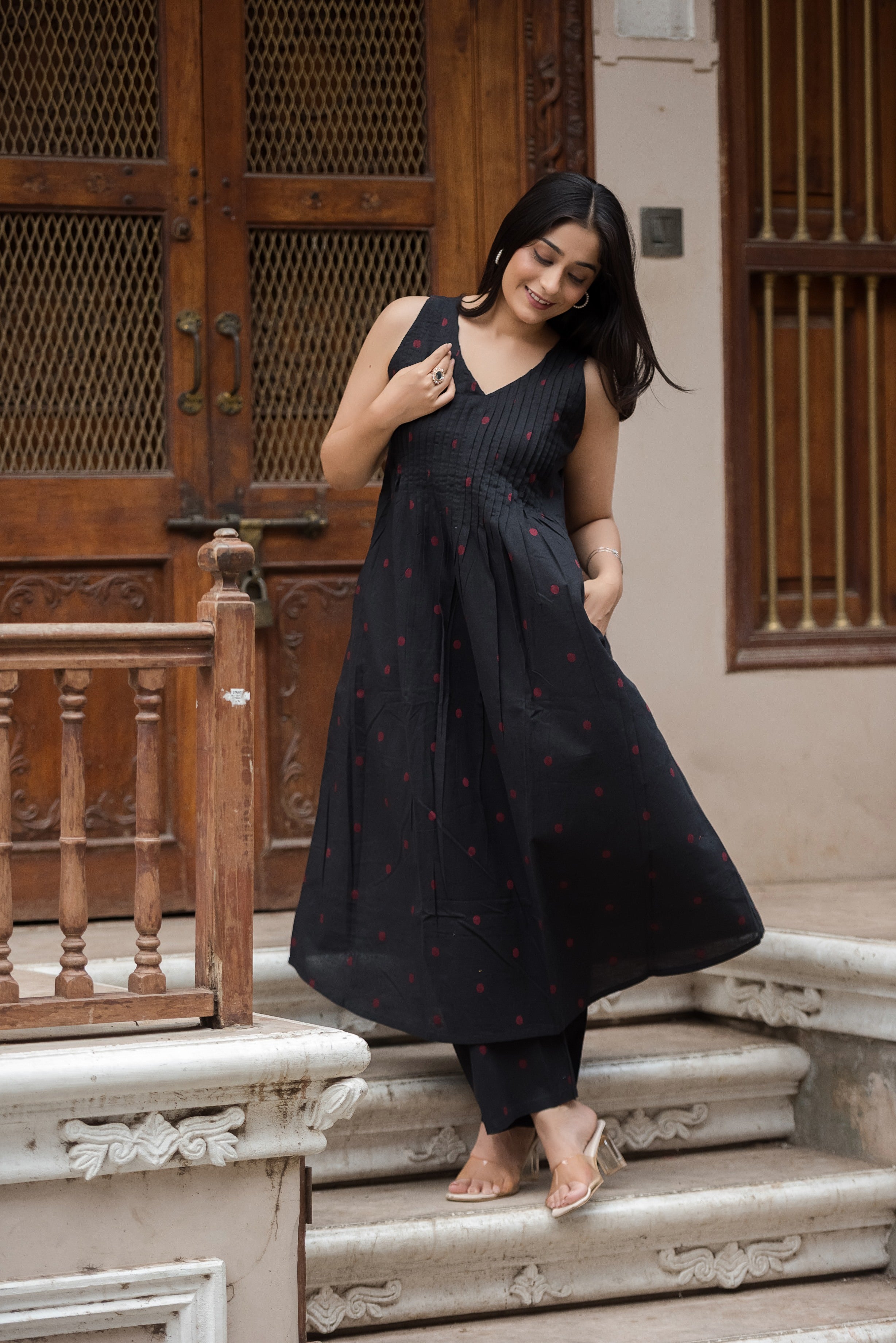 Black-red Cotton Dobby Haulter Front Plitted A-line Kurti and Palazzo set