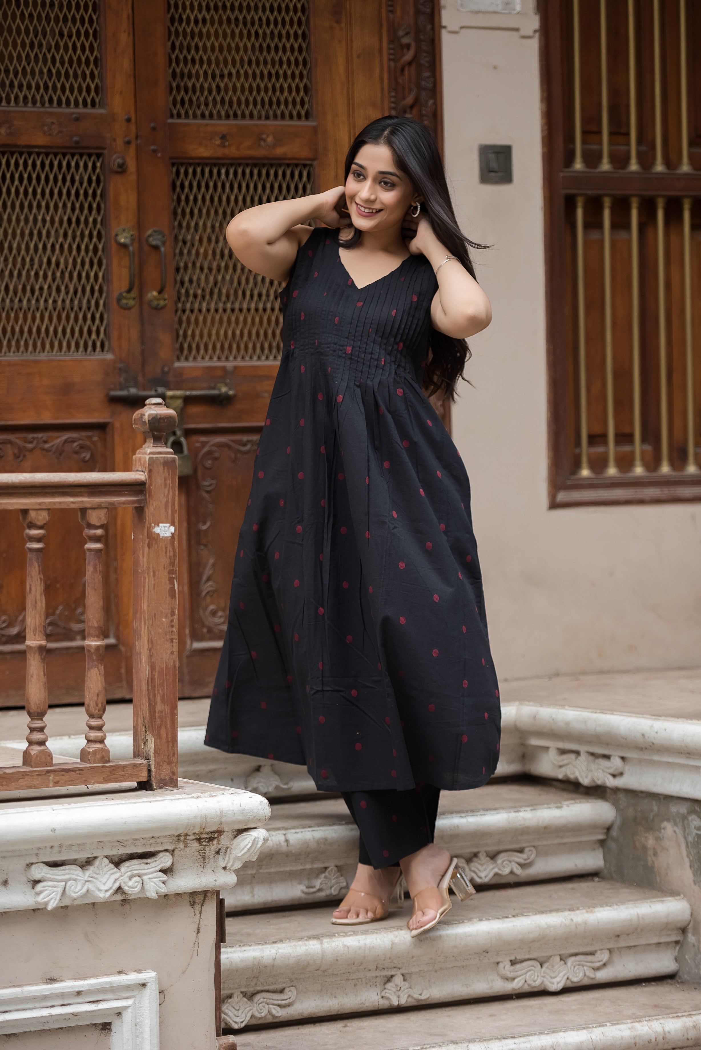 Black-red Cotton Dobby Haulter Front Plitted A-line Kurti and Palazzo set