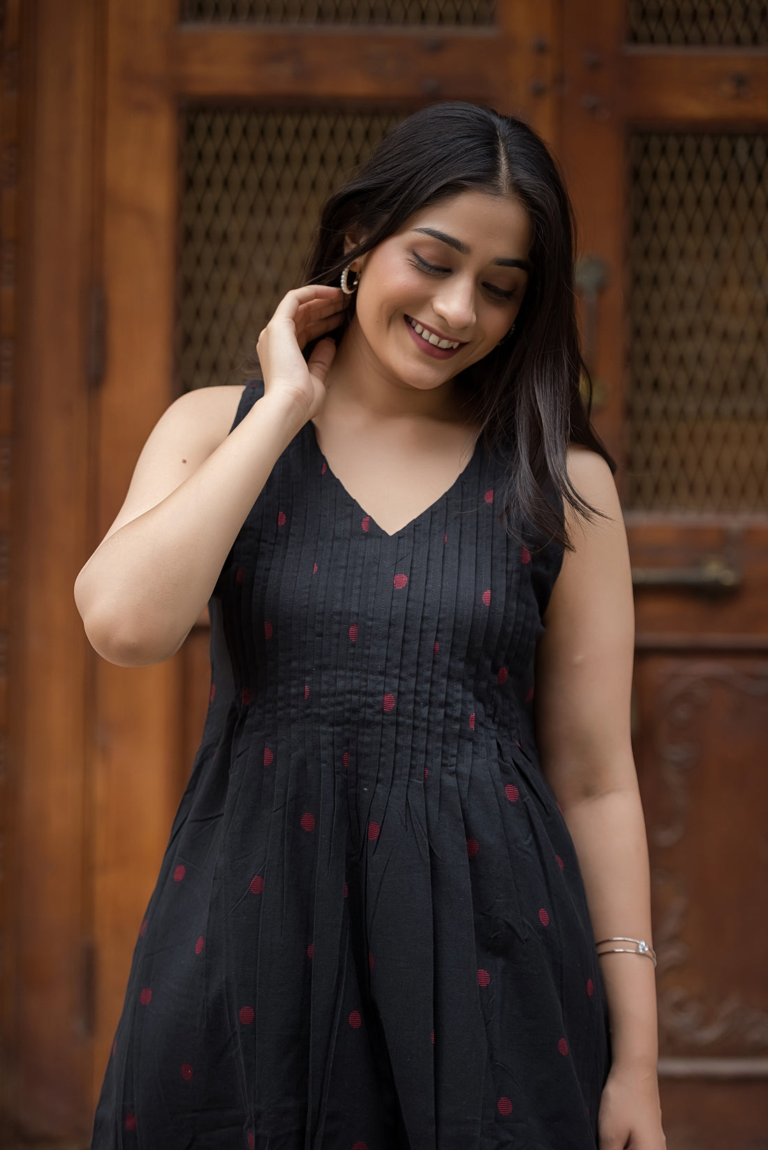 Black-red Cotton Dobby Haulter Front Plitted A-line Kurti and Palazzo set