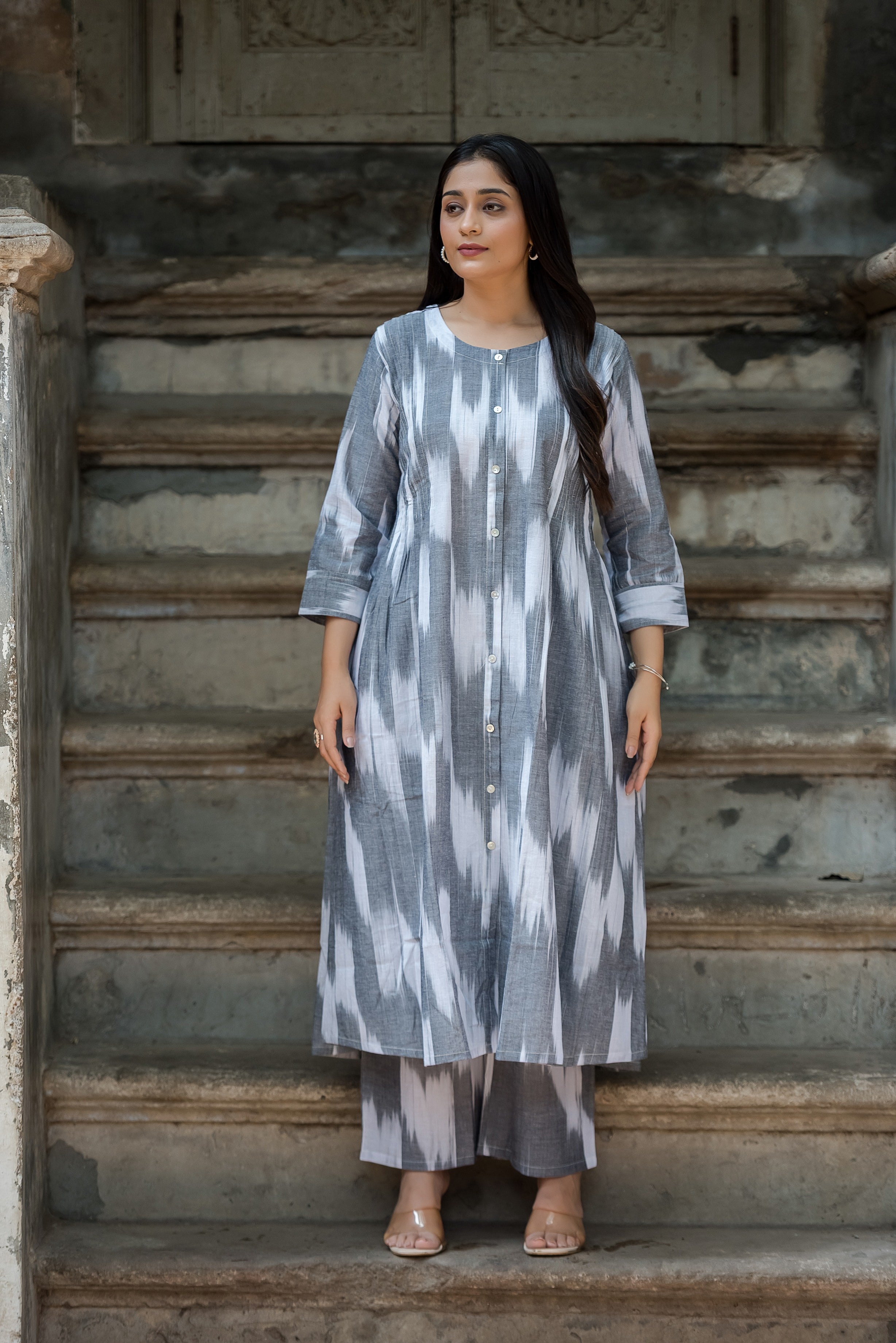 Grey White Handloom Ikkat Front Both Side Plitted A-line Kurti And Palazzo set