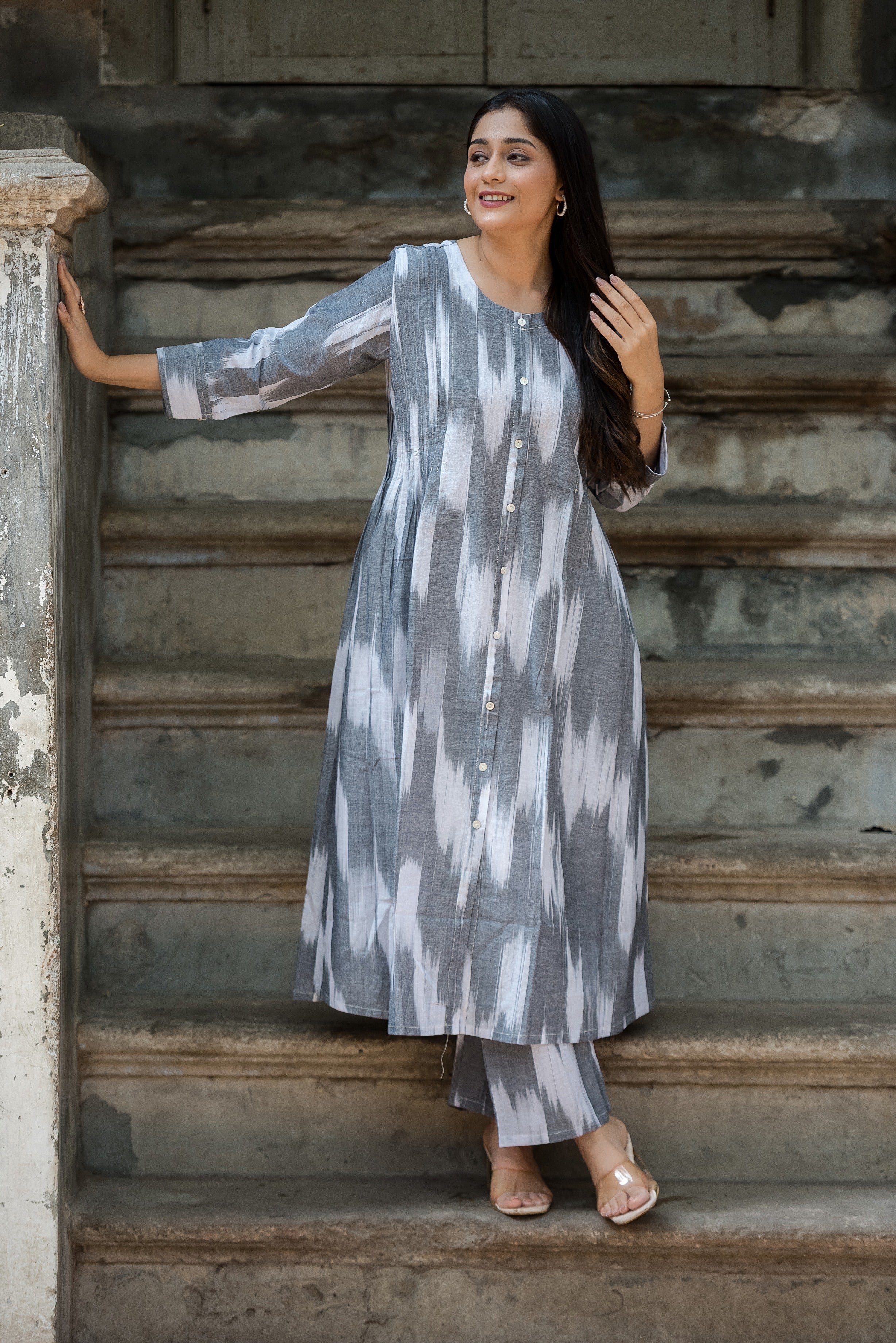 Grey White Handloom Ikkat Front Both Side Plitted A-line Kurti And Palazzo set