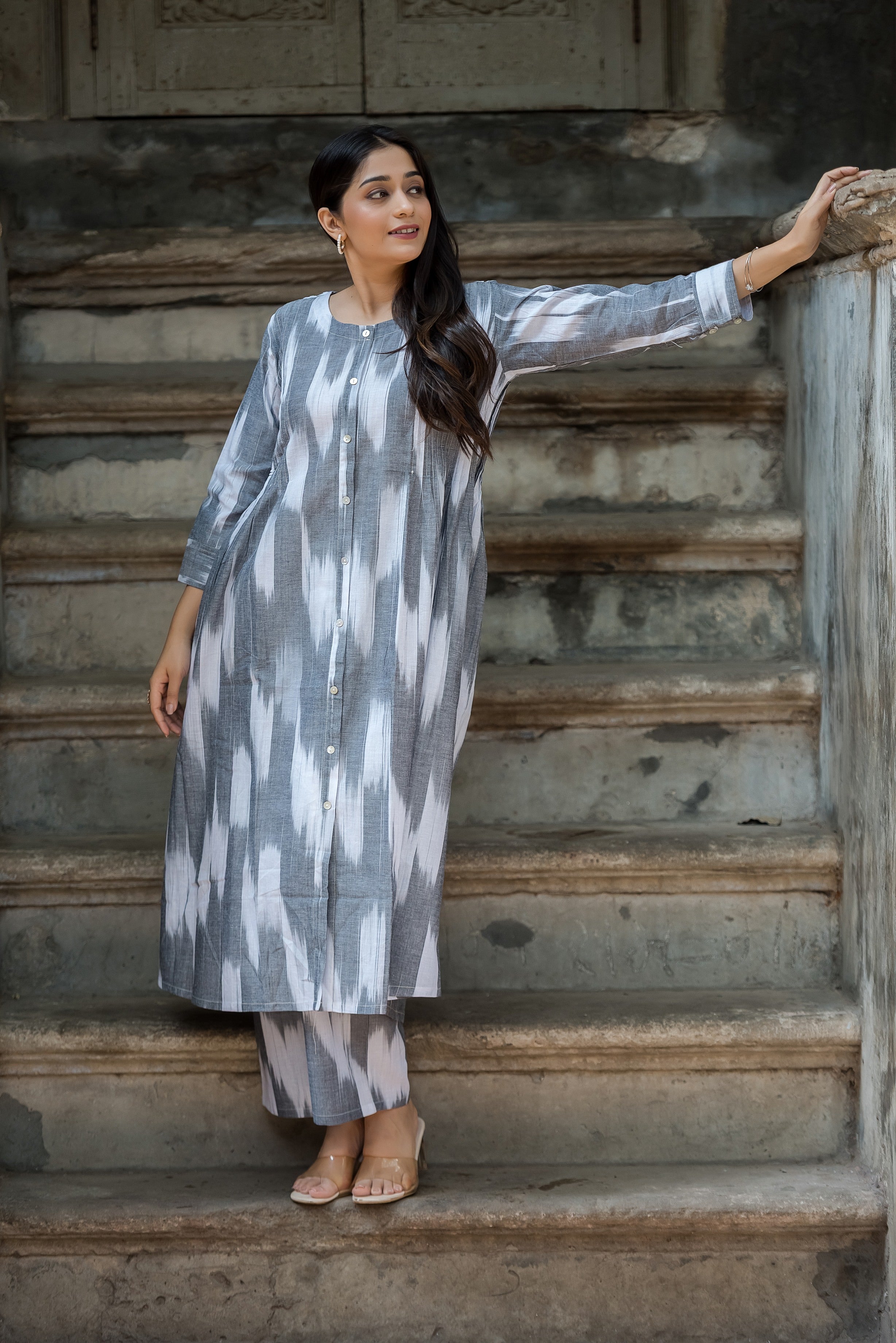 Grey White Handloom Ikkat Front Both Side Plitted A-line Kurti And Palazzo set