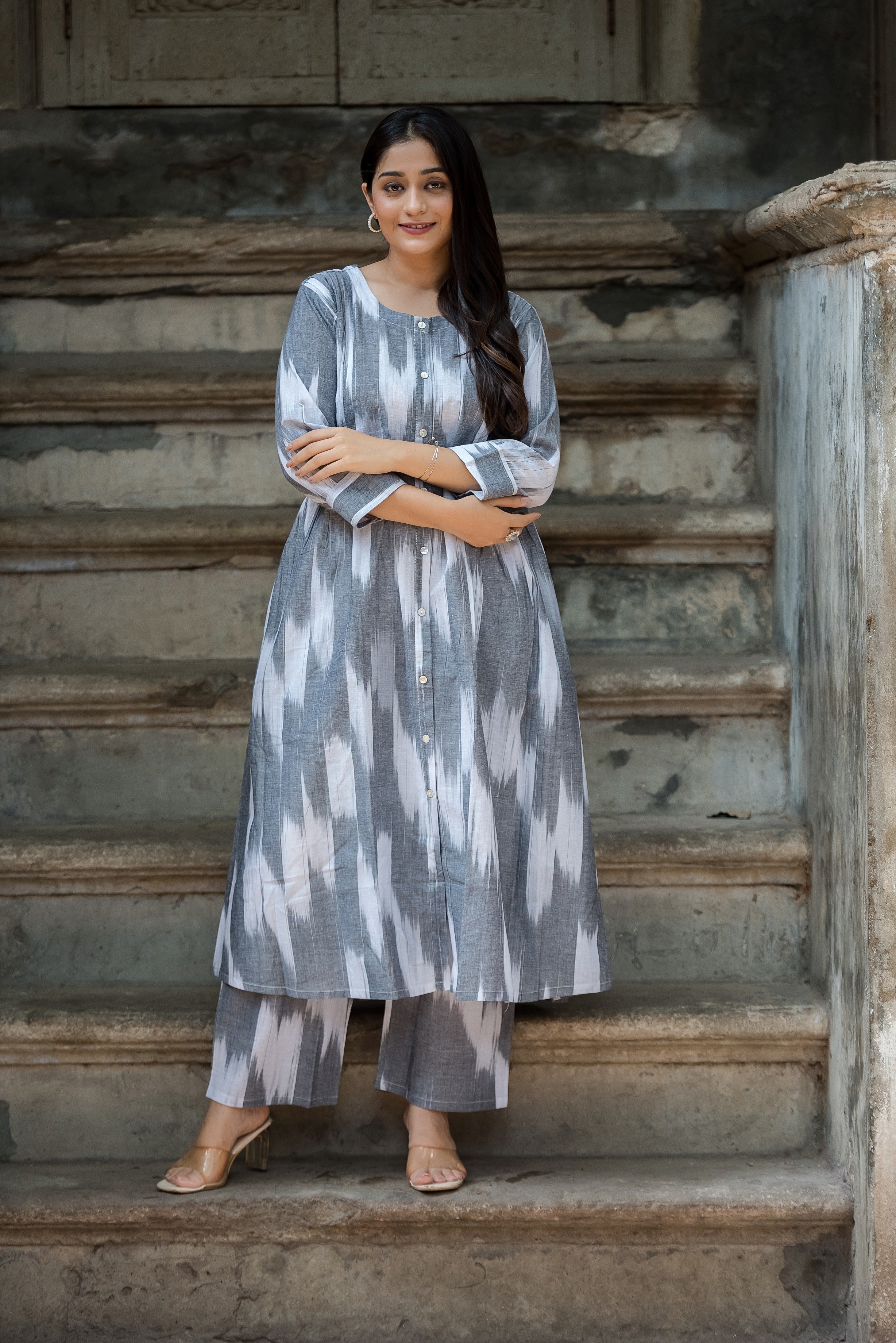 Grey White Handloom Ikkat Front Both Side Plitted A-line Kurti And Palazzo set