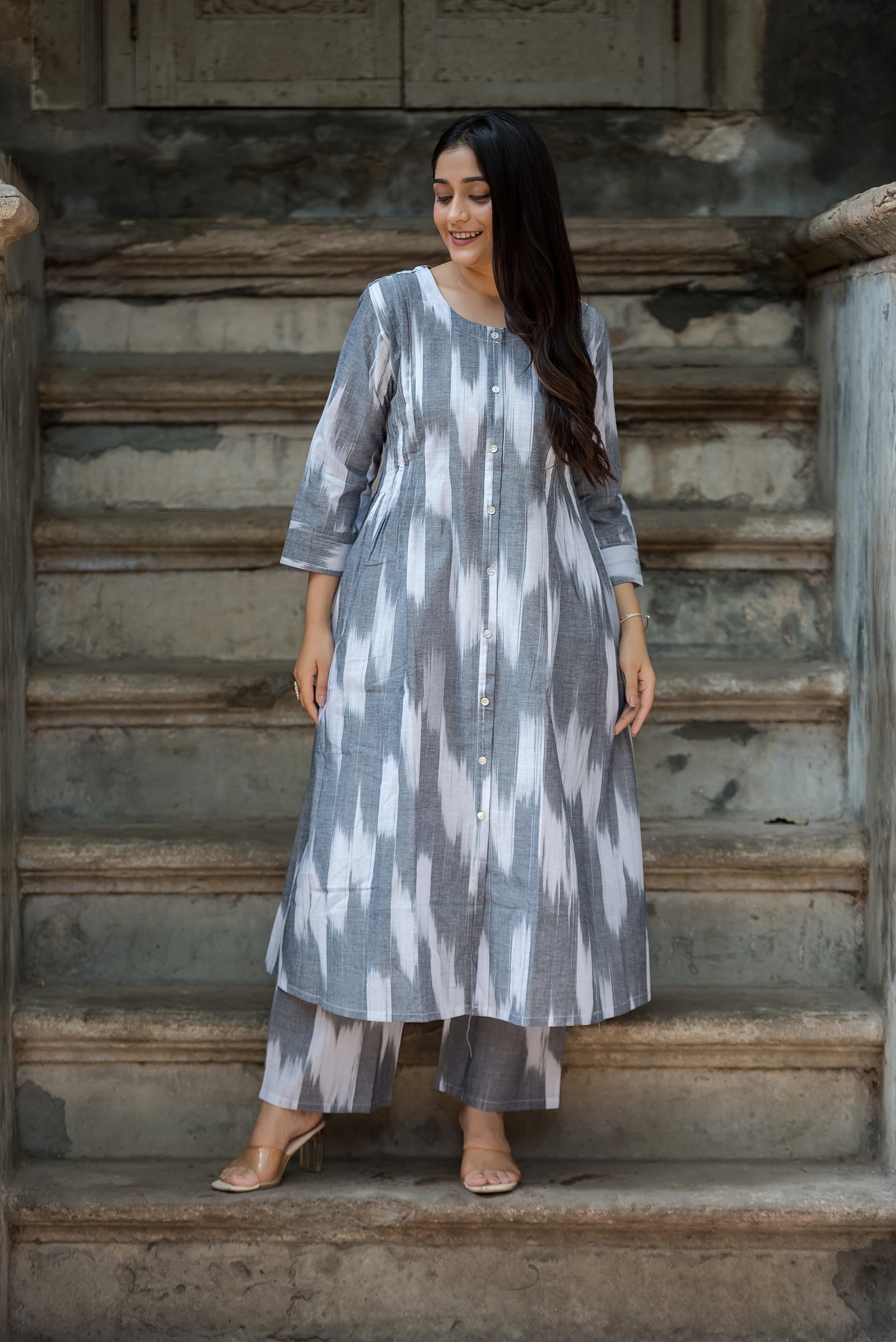 Grey White Handloom Ikkat Front Both Side Plitted A-line Kurti And Palazzo set
