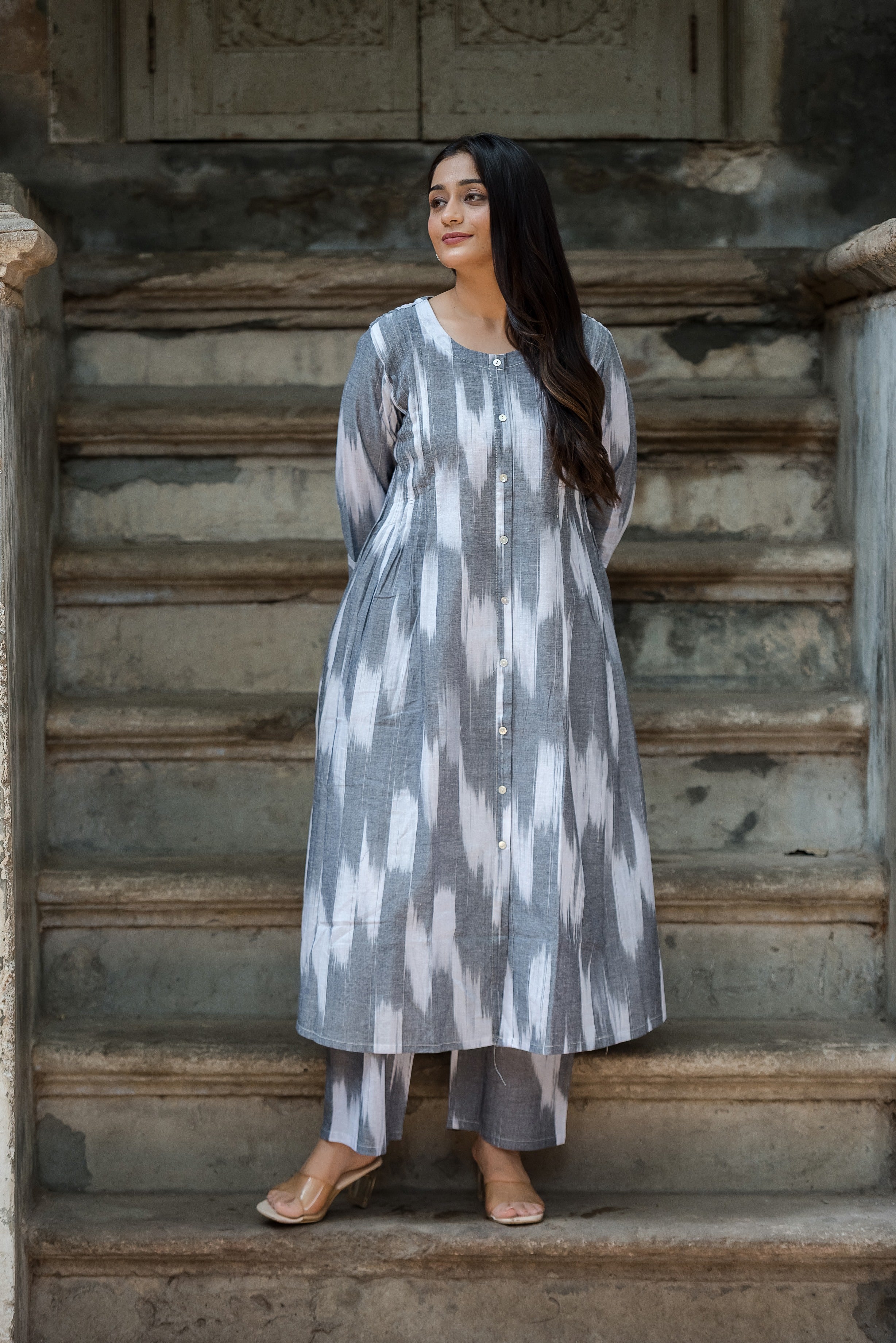 Grey White Handloom Ikkat Front Both Side Plitted A-line Kurti And Palazzo set