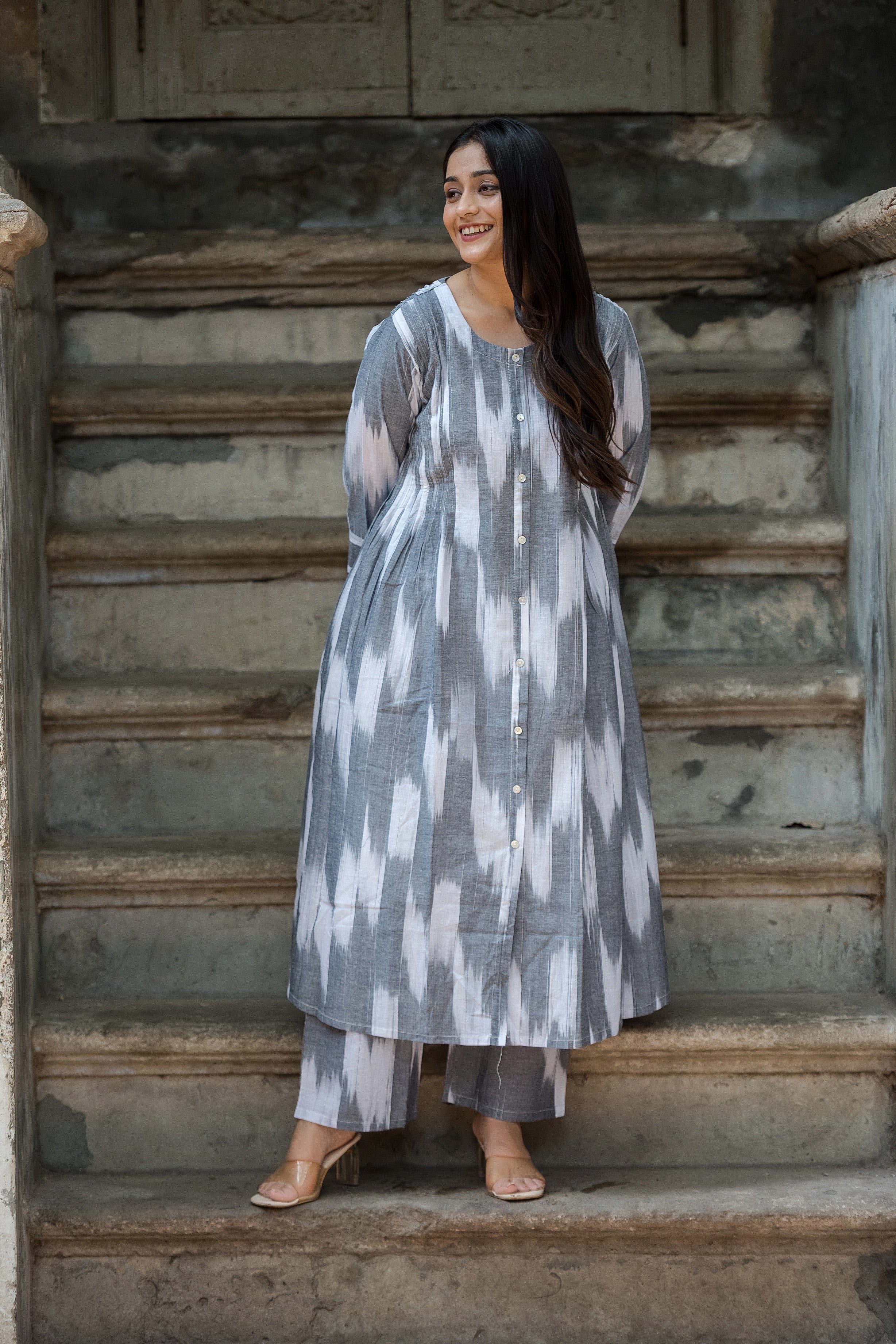 Grey White Handloom Ikkat Front Both Side Plitted A-line Kurti And Palazzo set