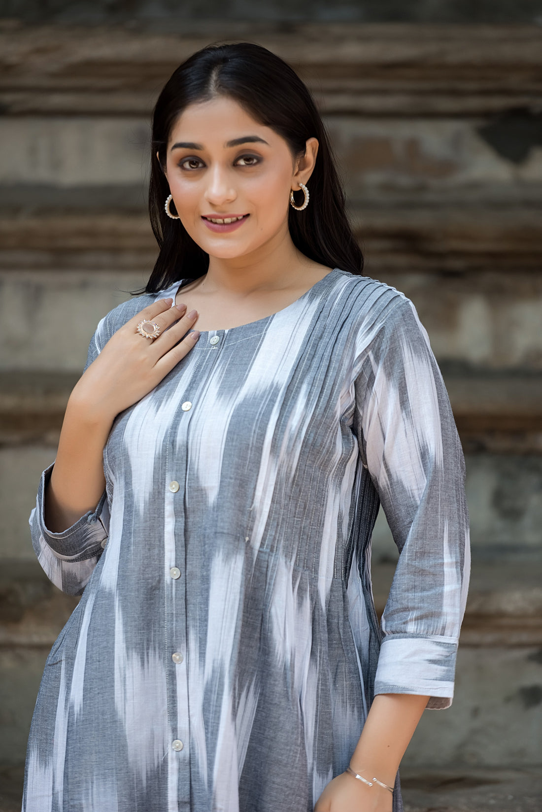 Grey White Handloom Ikkat Front Both Side Plitted A-line Kurti And Palazzo set