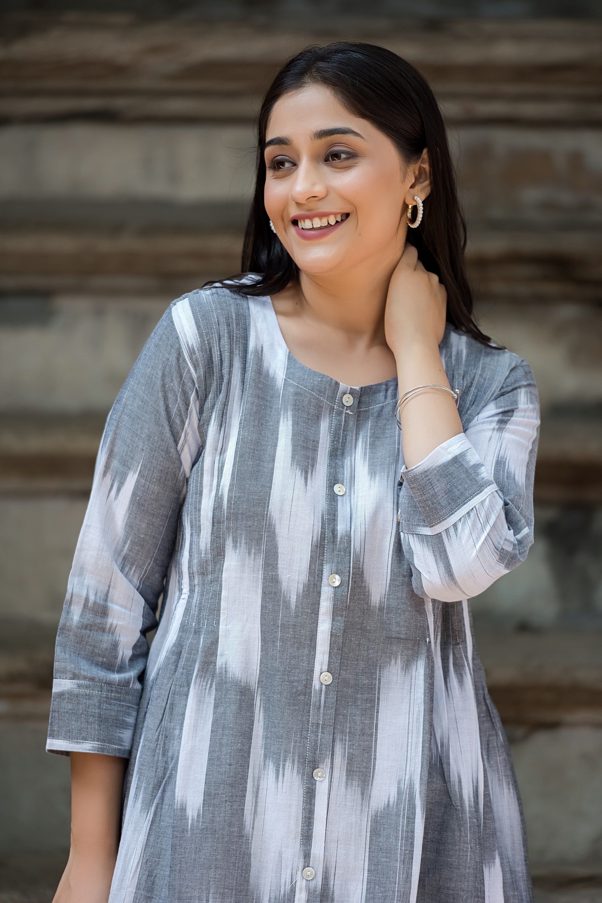 Grey White Handloom Ikkat Front Both Side Plitted A-line Kurti And Palazzo set