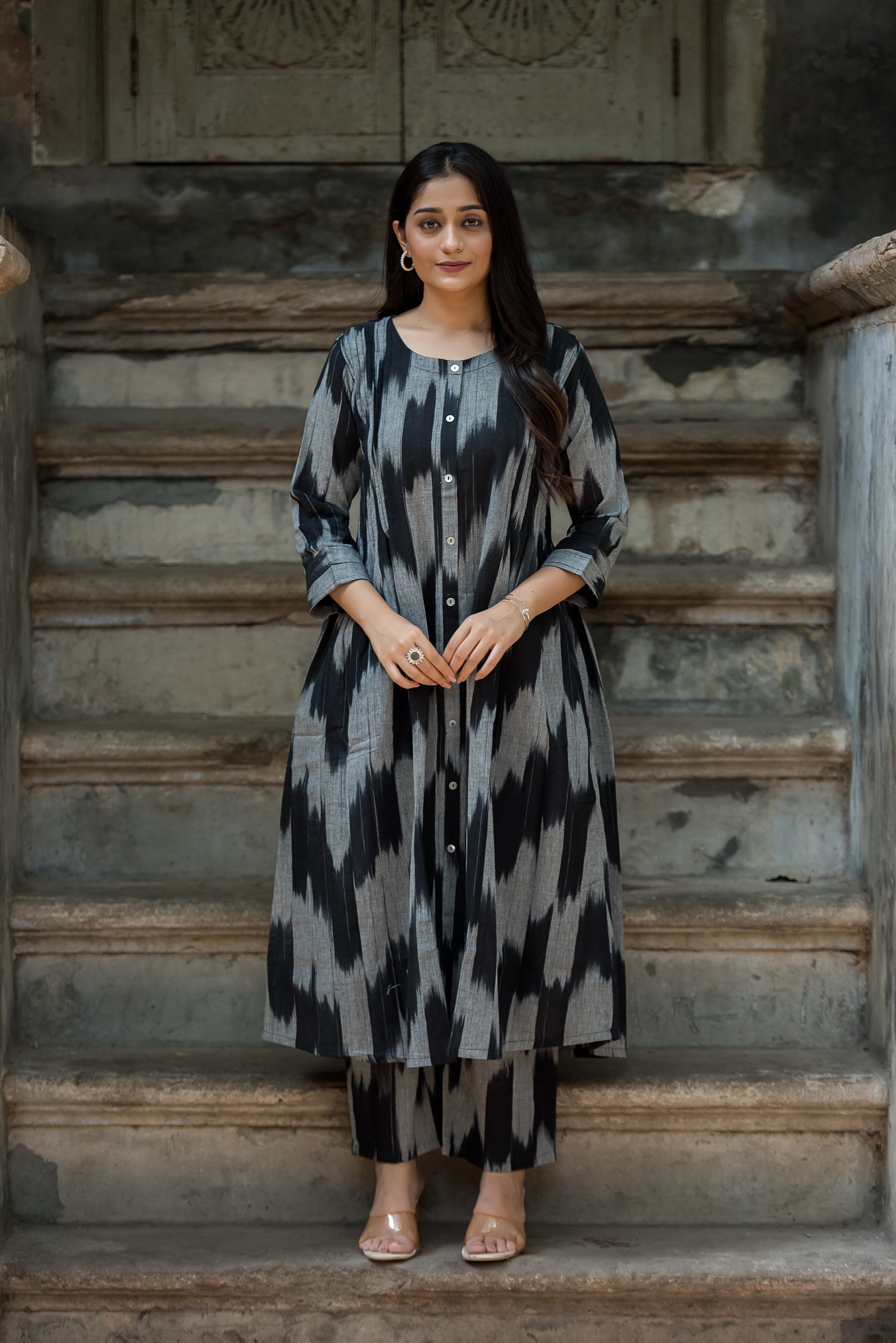 Black Grey Handloom Ikkat Front Both Side Plitted A-line Kurti And Palazzo set