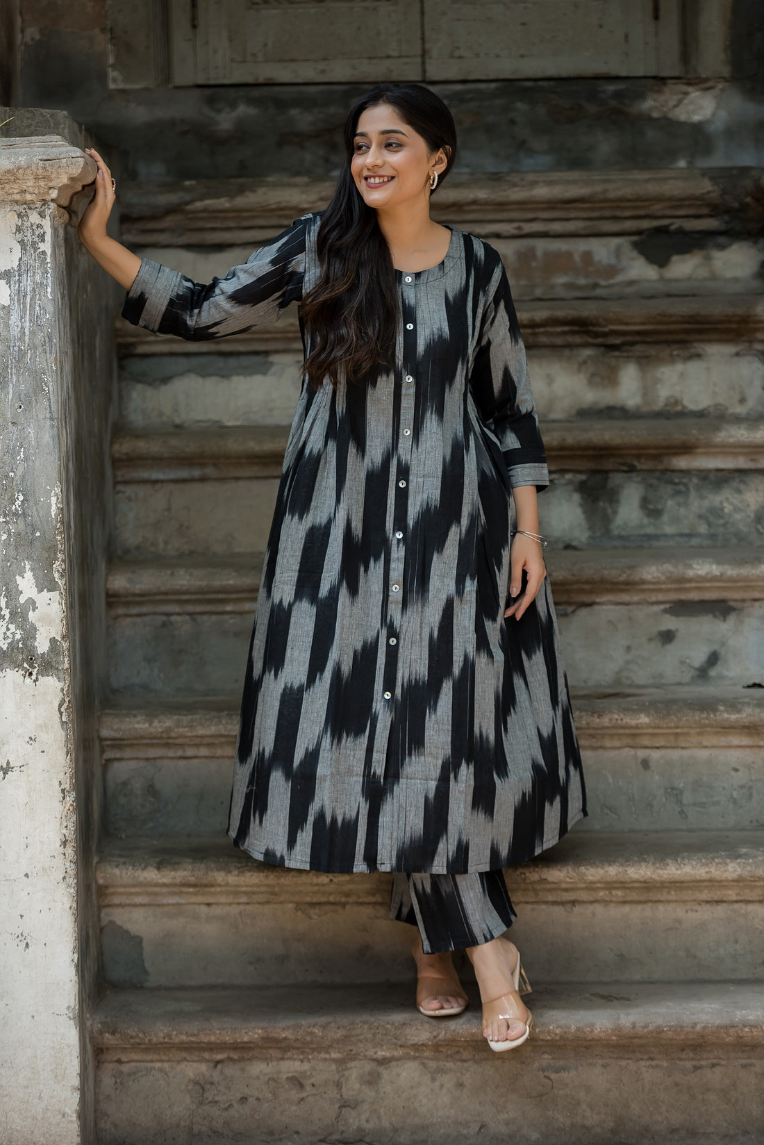Black Grey Handloom Ikkat Front Both Side Plitted A-line Kurti And Palazzo set