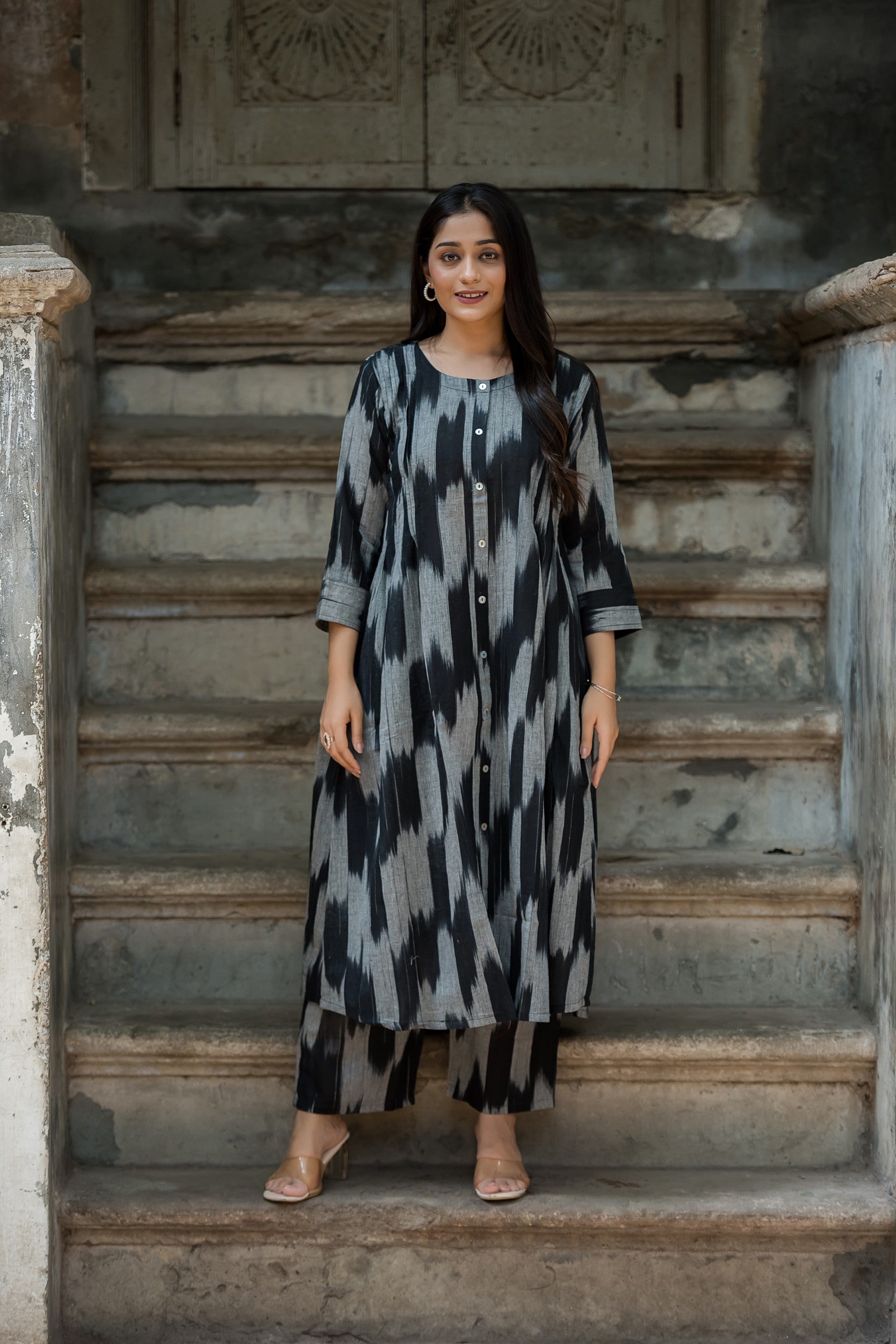 Black Grey Handloom Ikkat Front Both Side Plitted A-line Kurti And Palazzo set