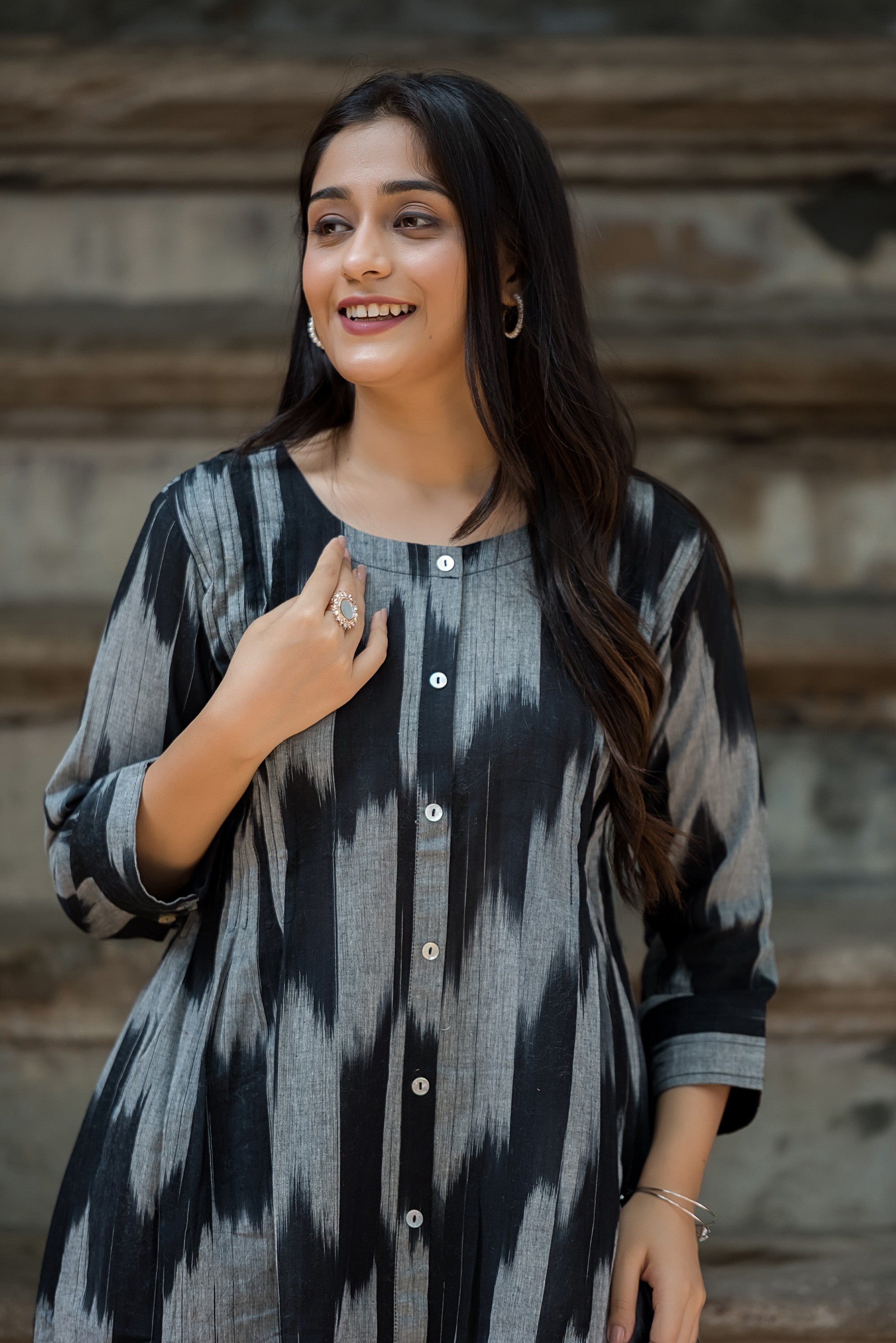 Black Grey Handloom Ikkat Front Both Side Plitted A-line Kurti And Palazzo set