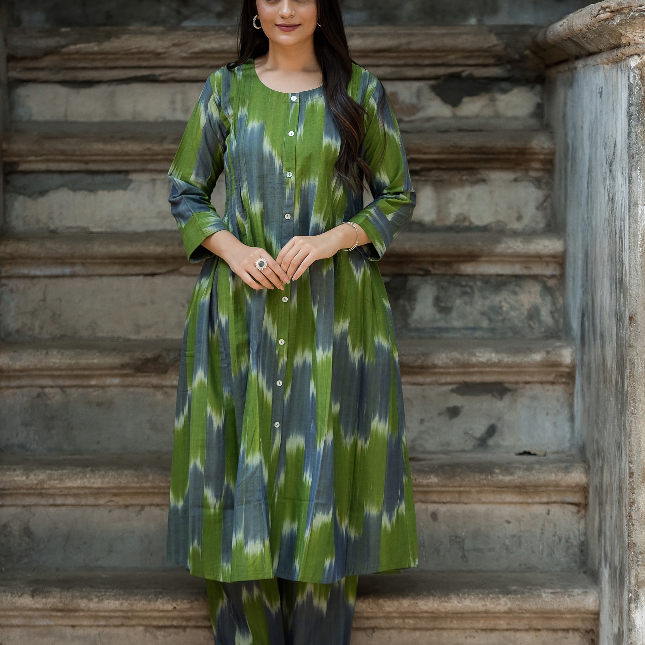 Green-grey Ikkat Front Both Side Plitted A-line Kurti And Palazzo set