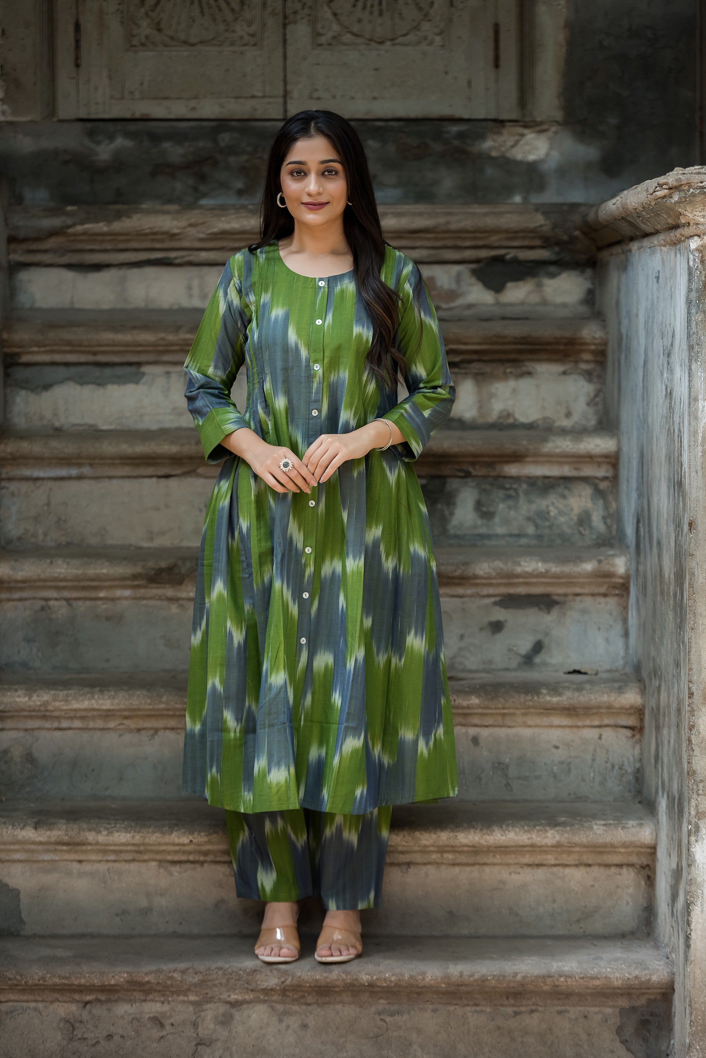 Green-grey Ikkat Front Both Side Plitted A-line Kurti And Palazzo set