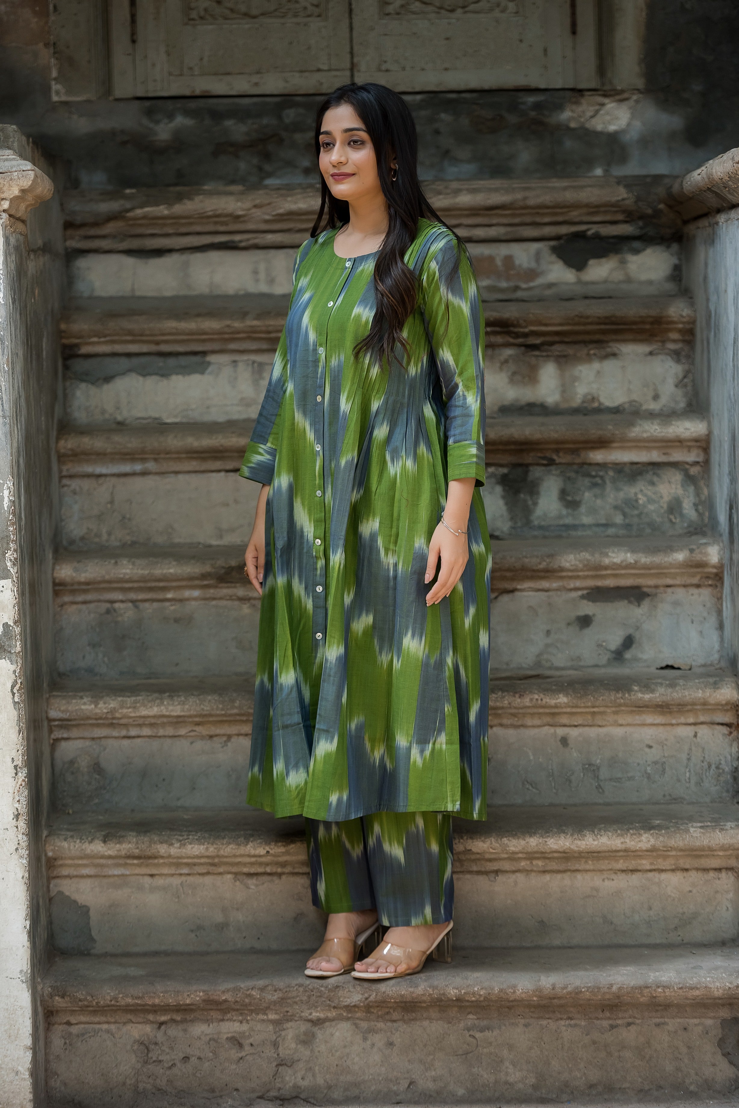 Green-grey Ikkat Front Both Side Plitted A-line Kurti And Palazzo set