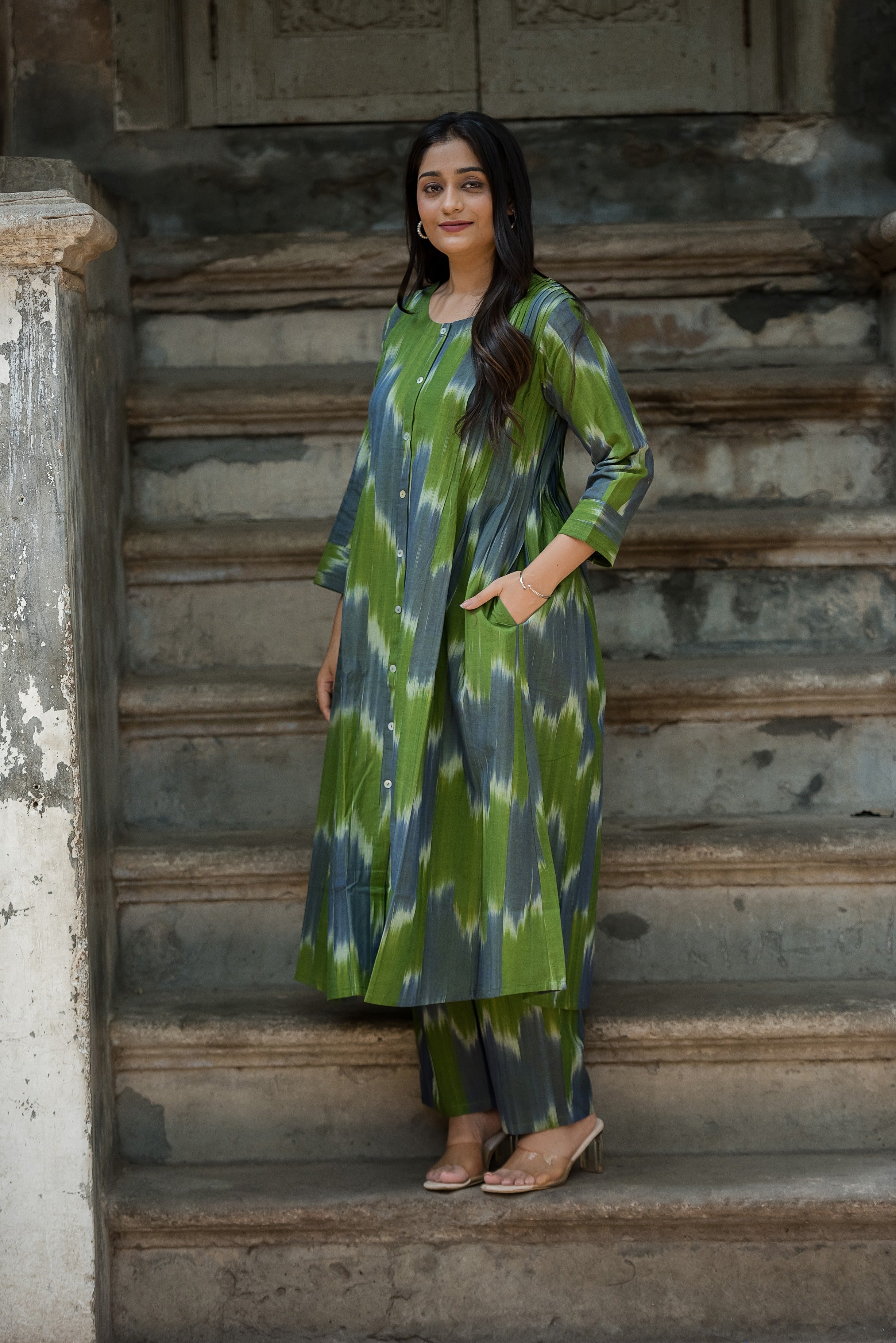 Green-grey Ikkat Front Both Side Plitted A-line Kurti And Palazzo set