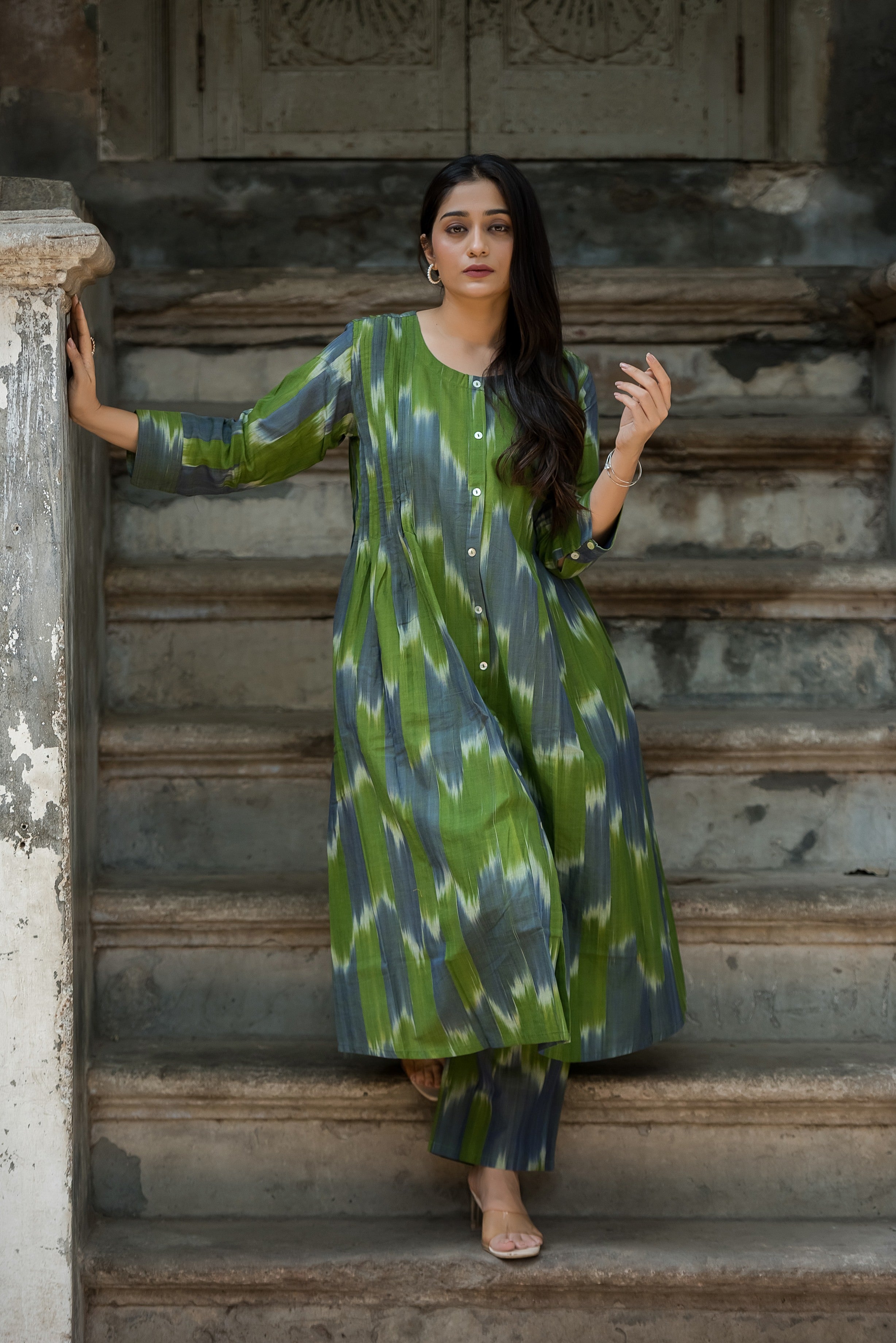 Green-grey Ikkat Front Both Side Plitted A-line Kurti And Palazzo set
