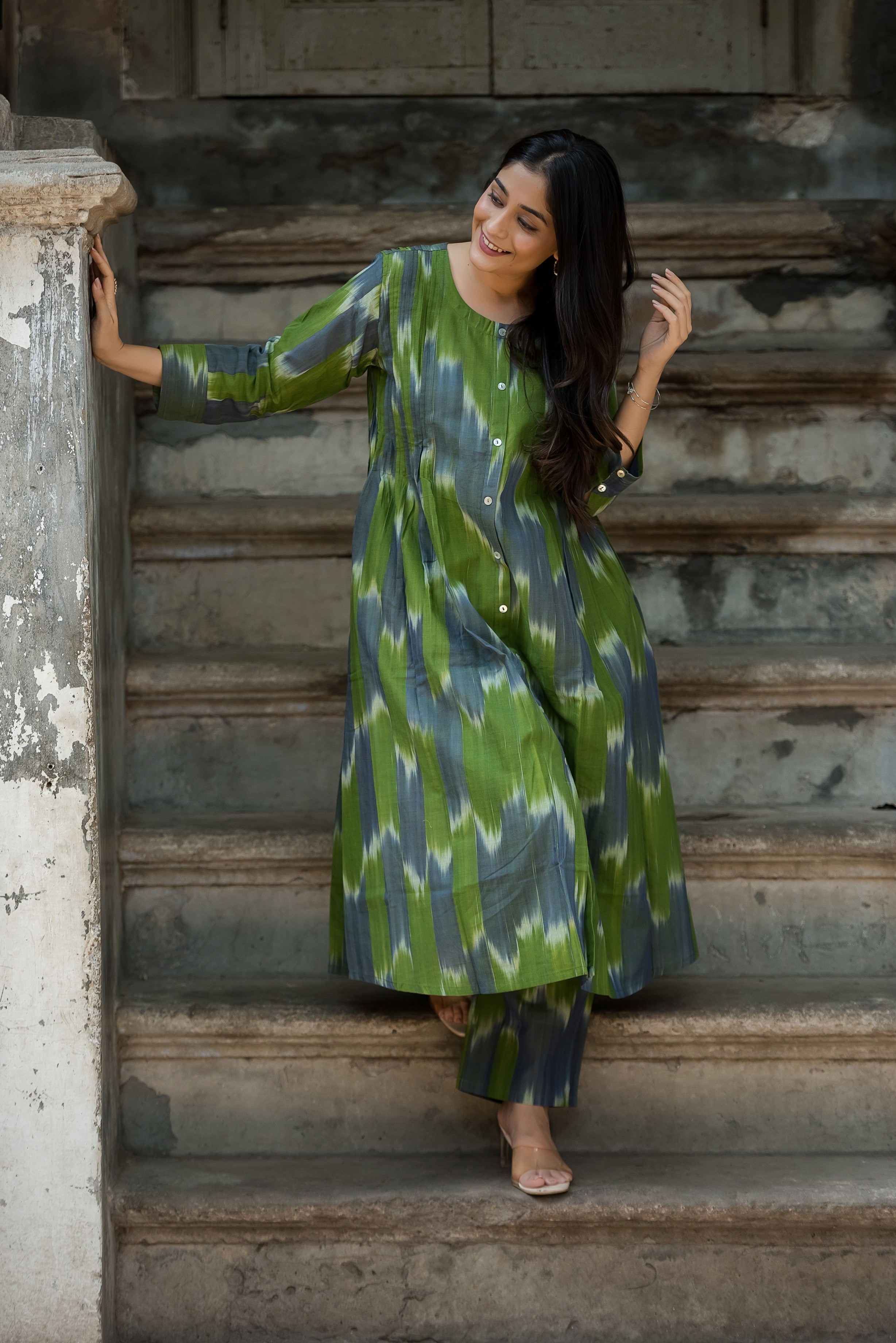 Green-grey Ikkat Front Both Side Plitted A-line Kurti And Palazzo set