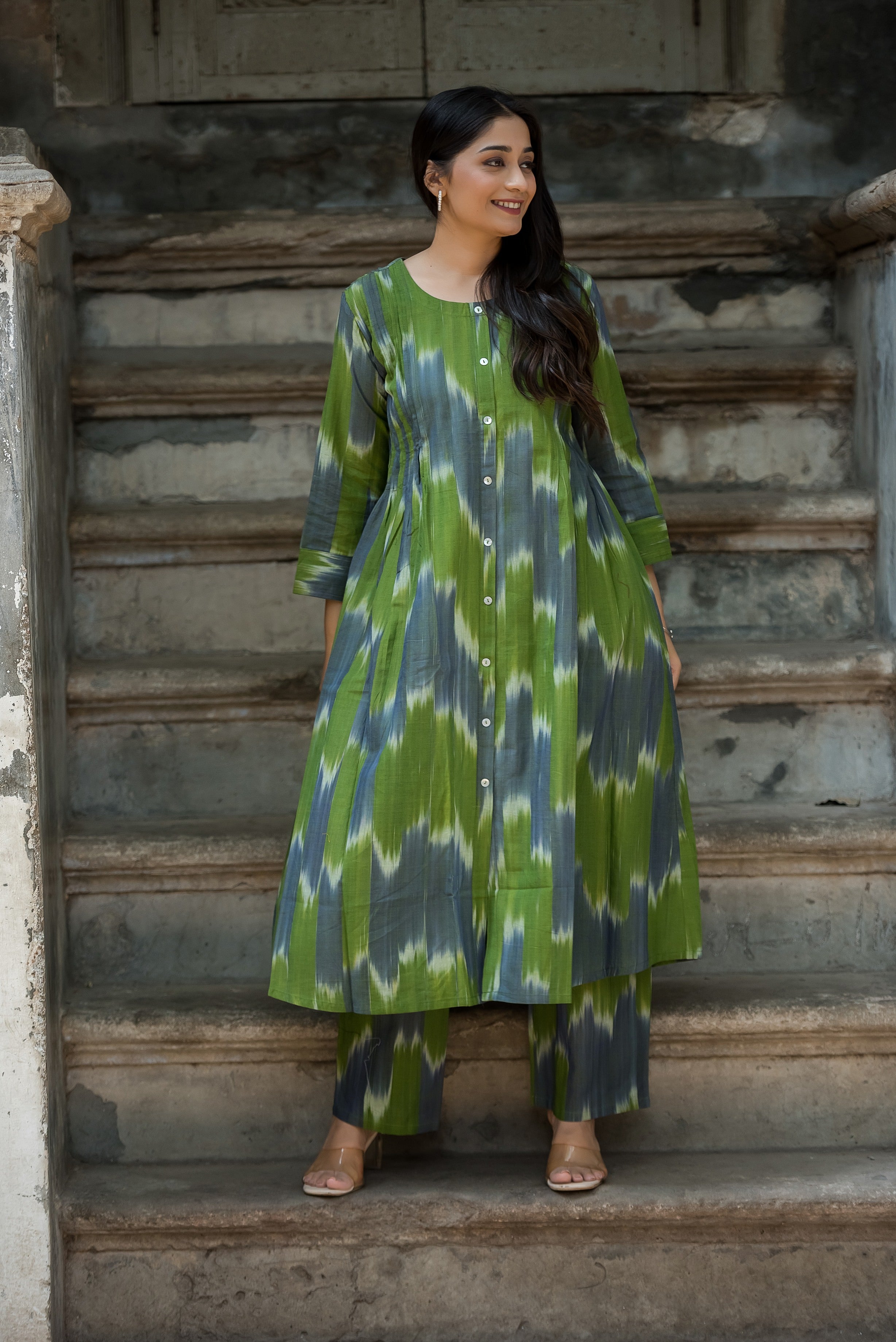 Green-grey Ikkat Front Both Side Plitted A-line Kurti And Palazzo set