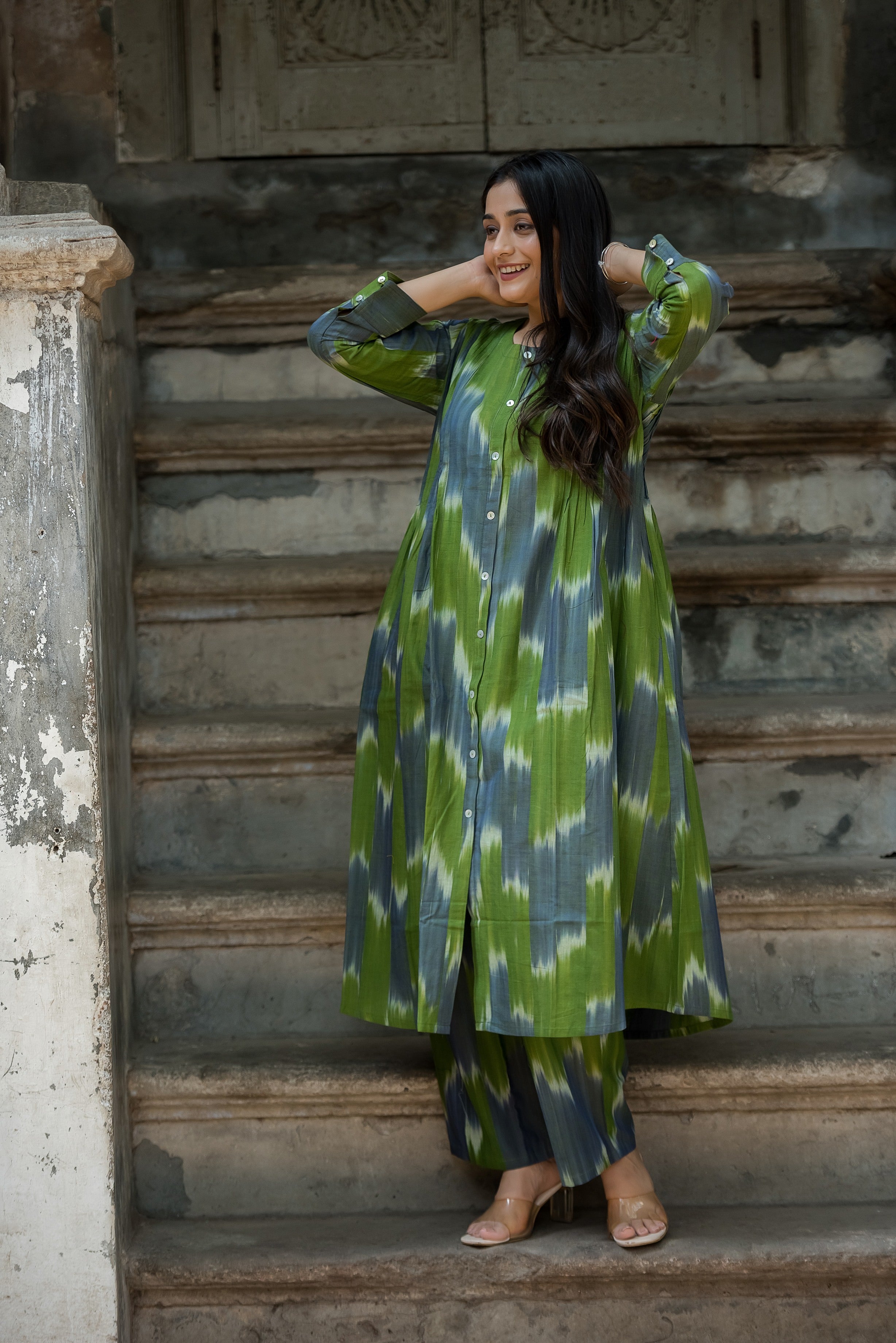 Green-grey Ikkat Front Both Side Plitted A-line Kurti And Palazzo set
