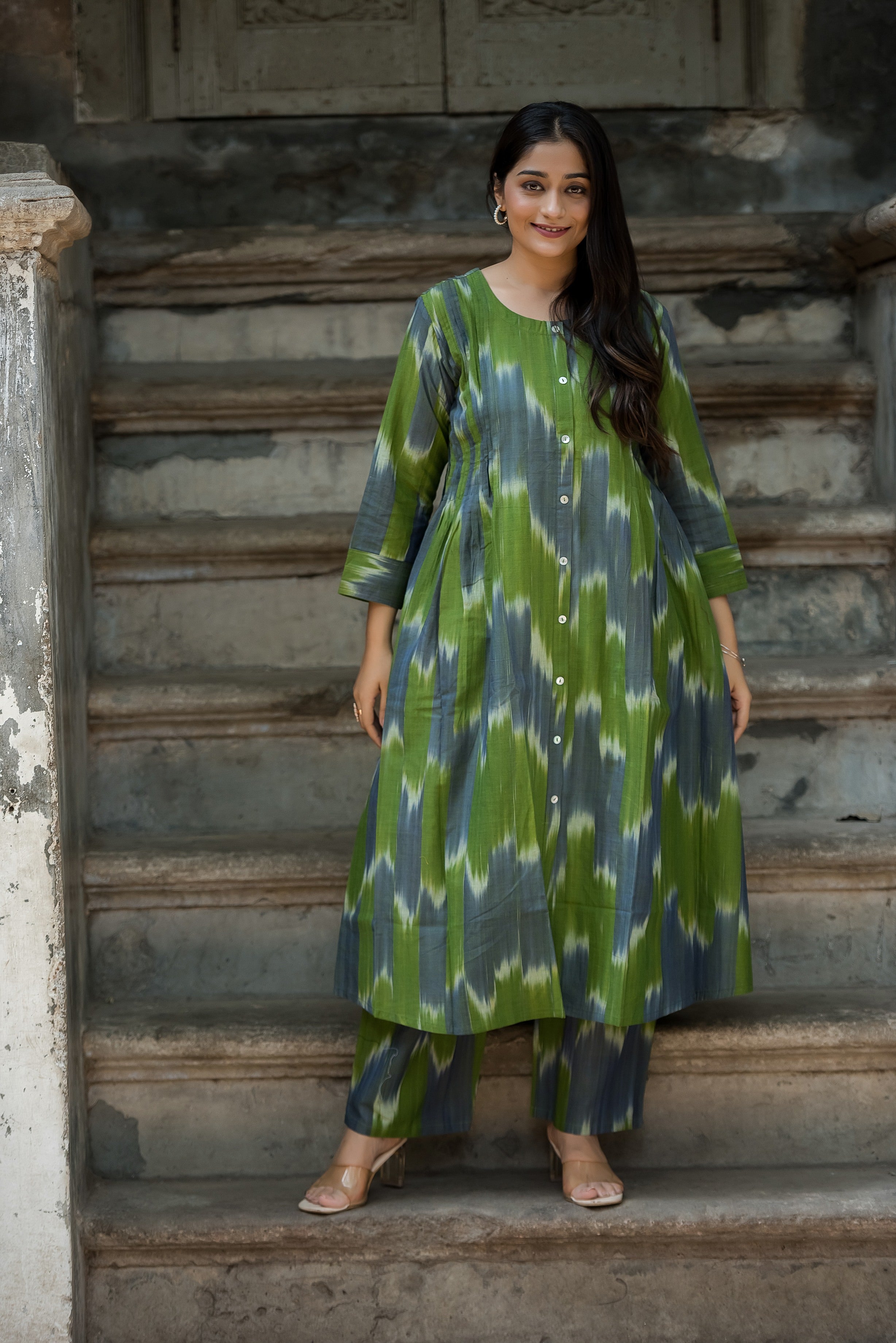 Green-grey Ikkat Front Both Side Plitted A-line Kurti And Palazzo set