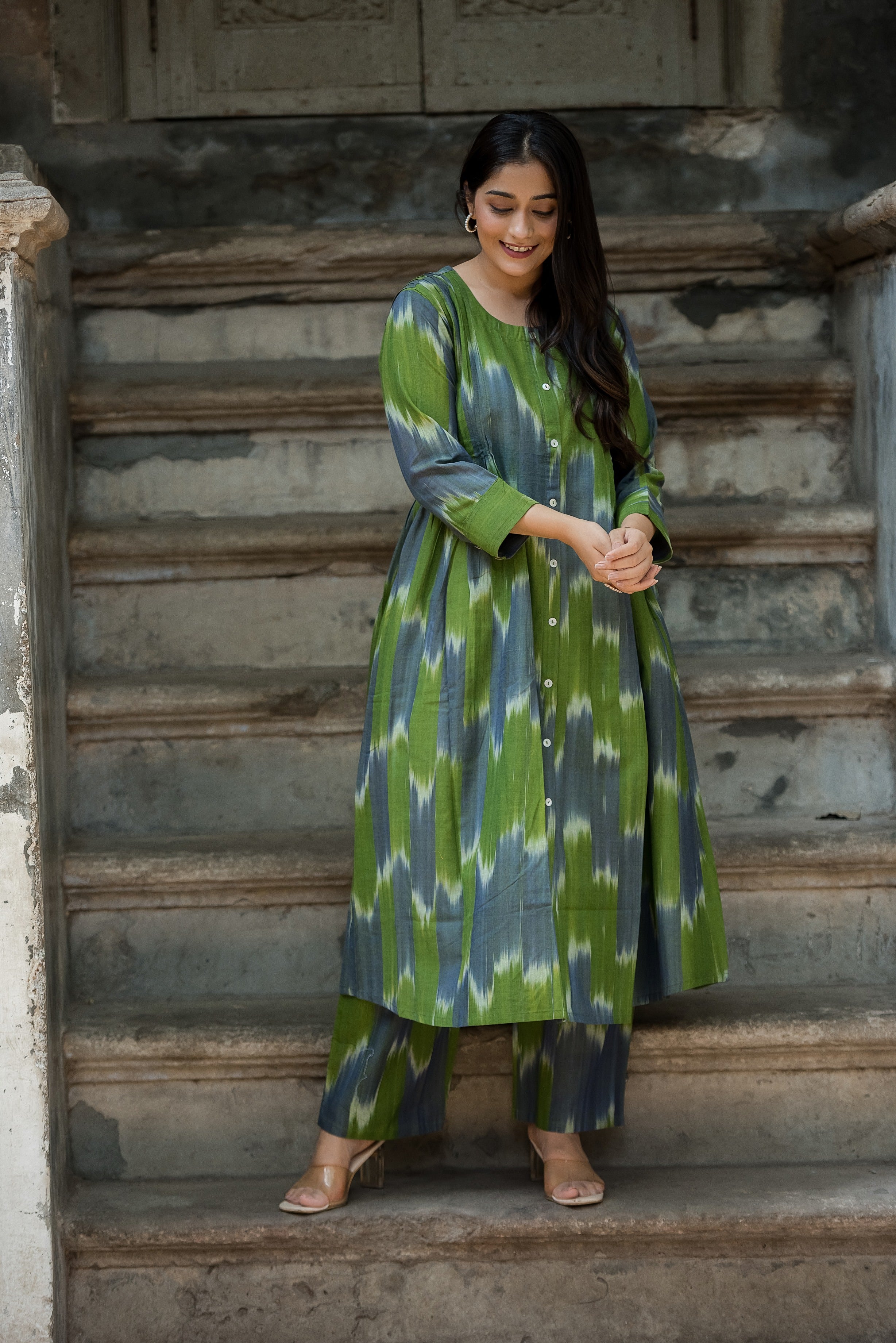 Green-grey Ikkat Front Both Side Plitted A-line Kurti And Palazzo set