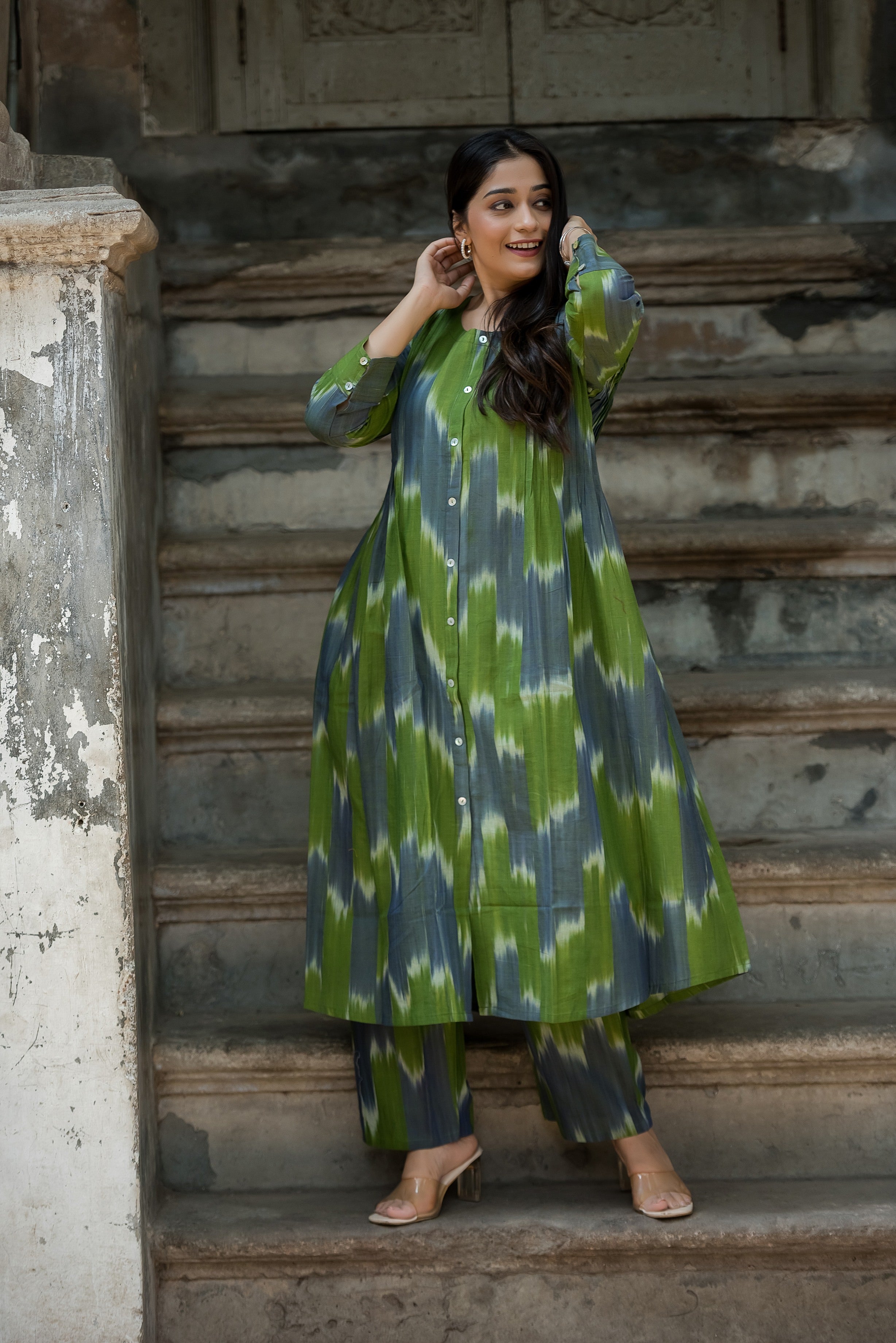 Green-grey Ikkat Front Both Side Plitted A-line Kurti And Palazzo set