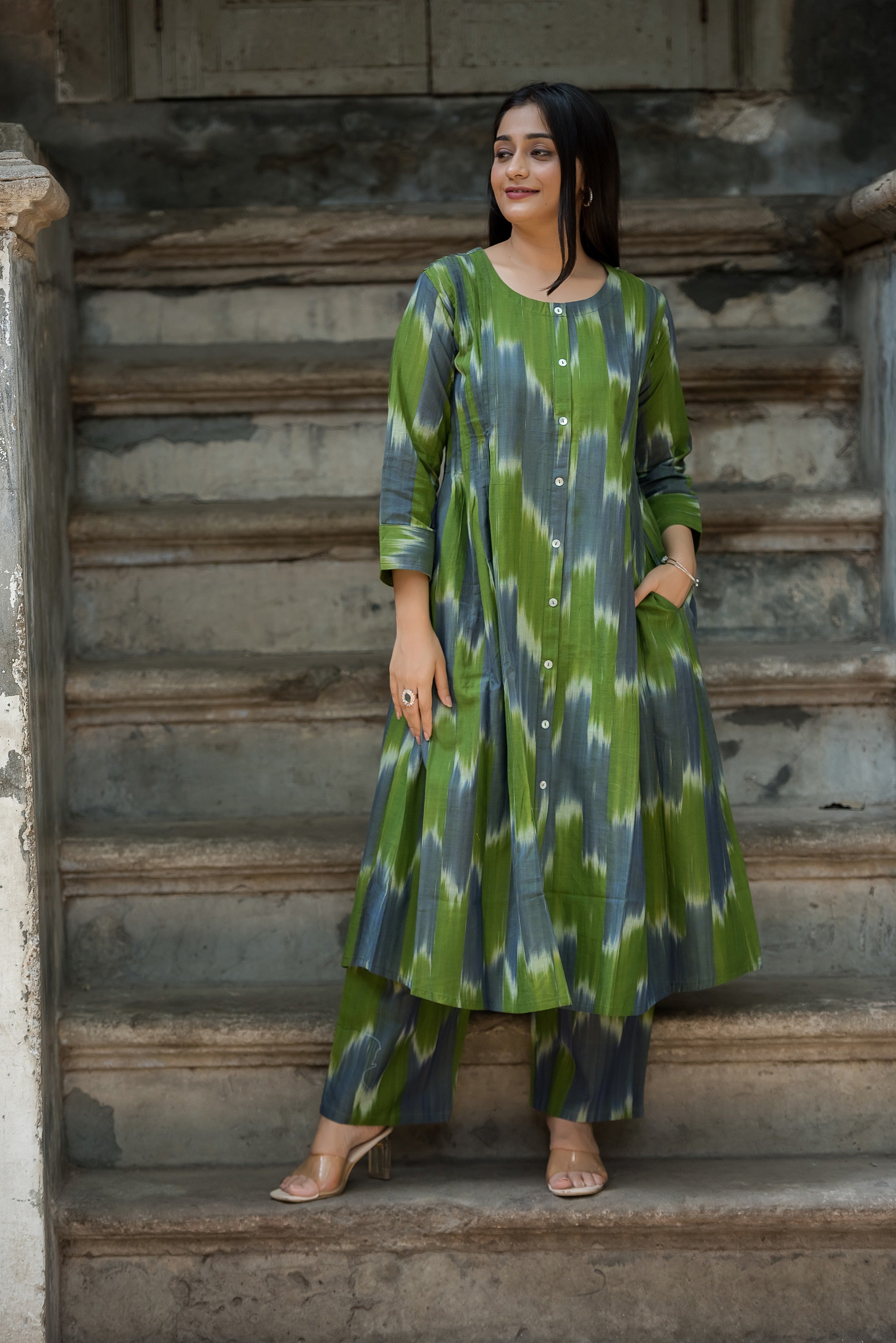 Green-grey Ikkat Front Both Side Plitted A-line Kurti And Palazzo set