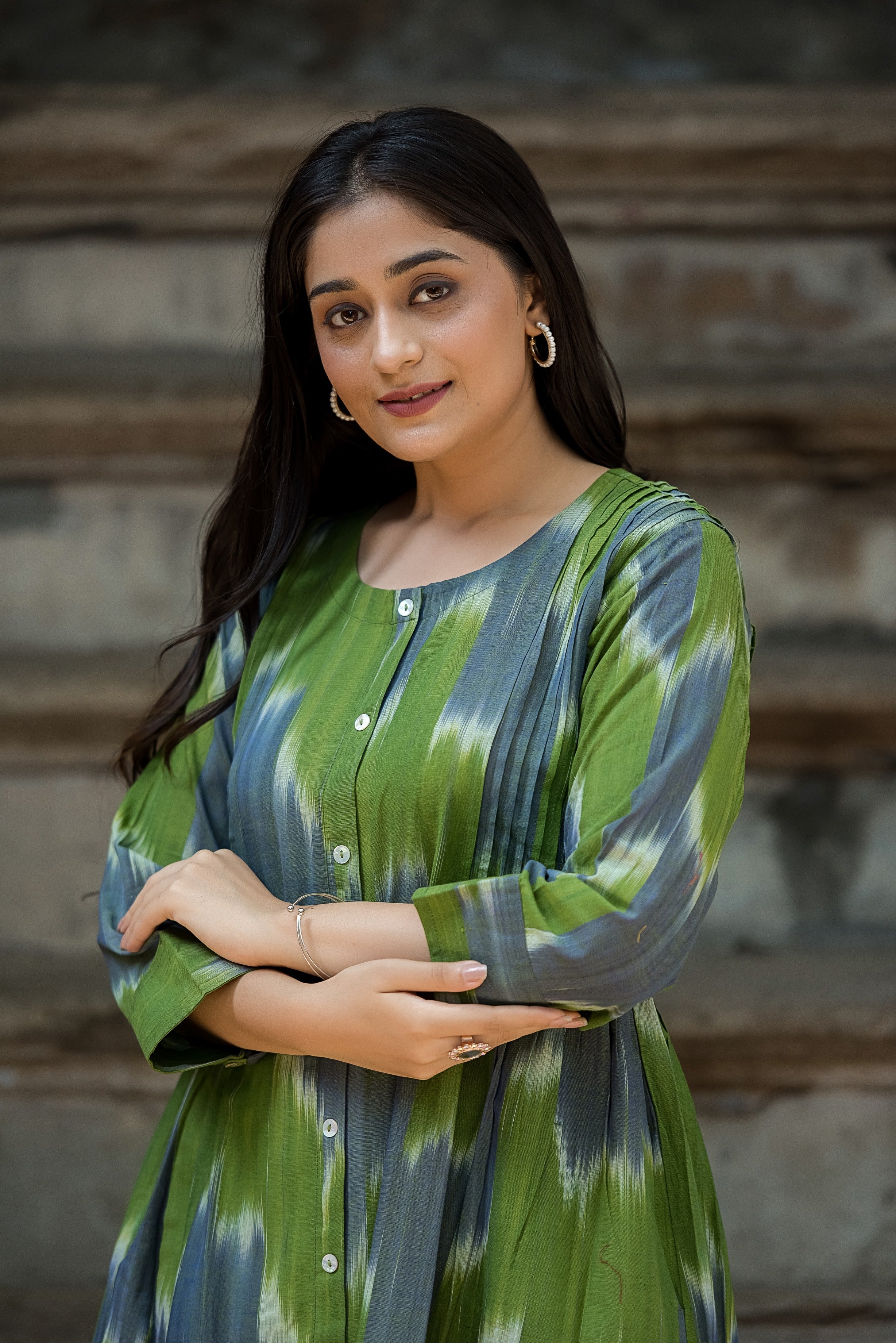 Green-grey Ikkat Front Both Side Plitted A-line Kurti And Palazzo set
