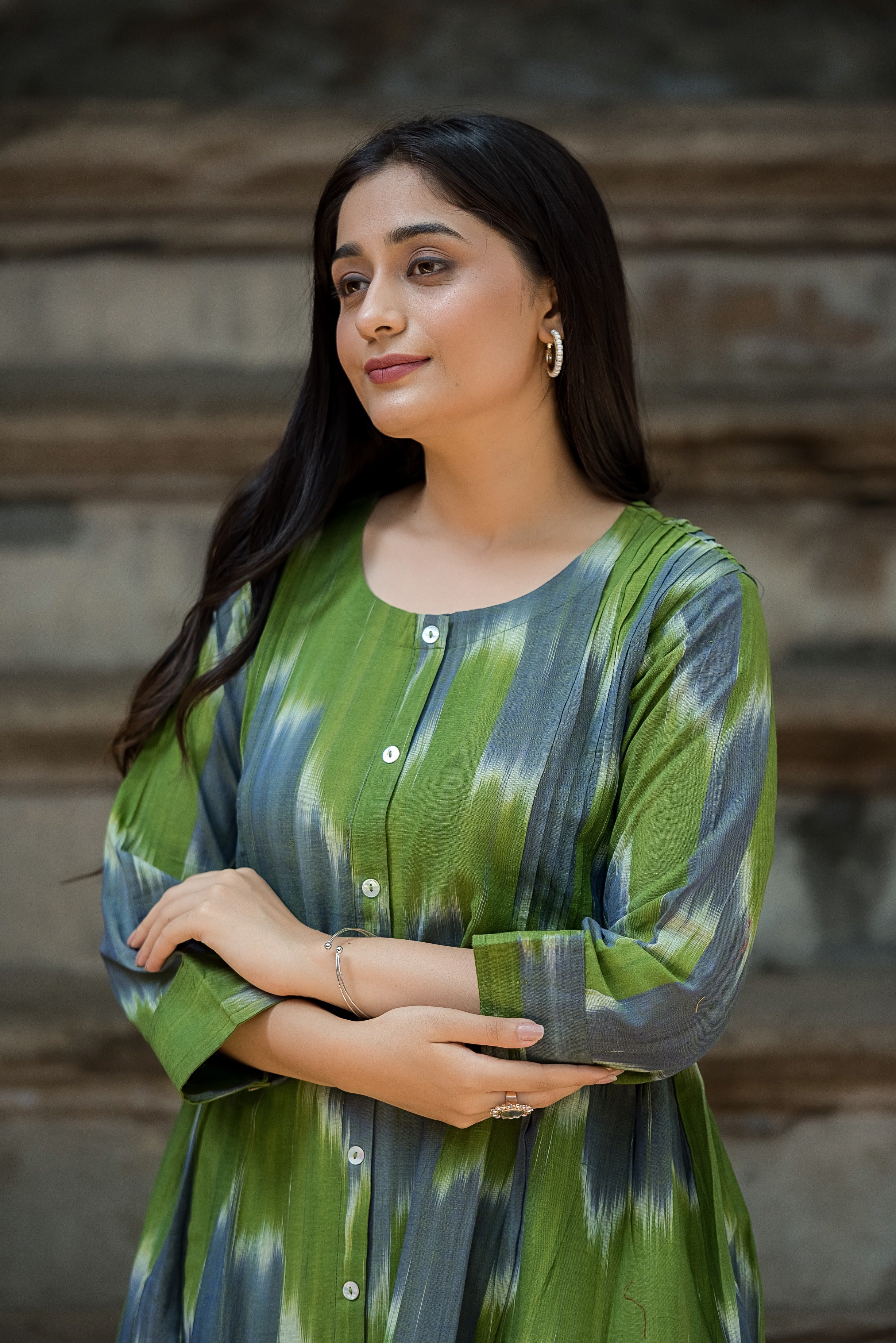 Green-grey Ikkat Front Both Side Plitted A-line Kurti And Palazzo set