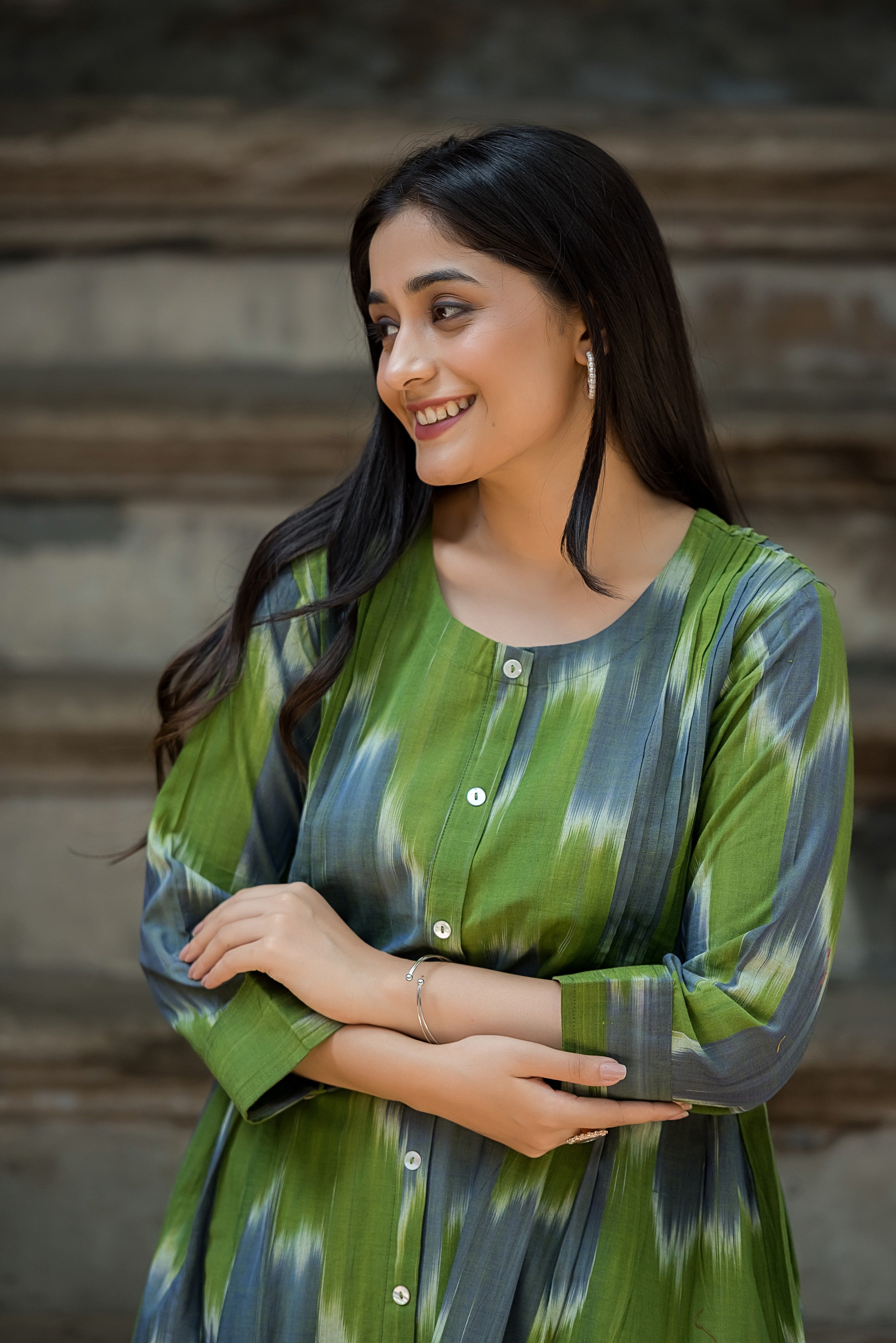 Green-grey Ikkat Front Both Side Plitted A-line Kurti And Palazzo set
