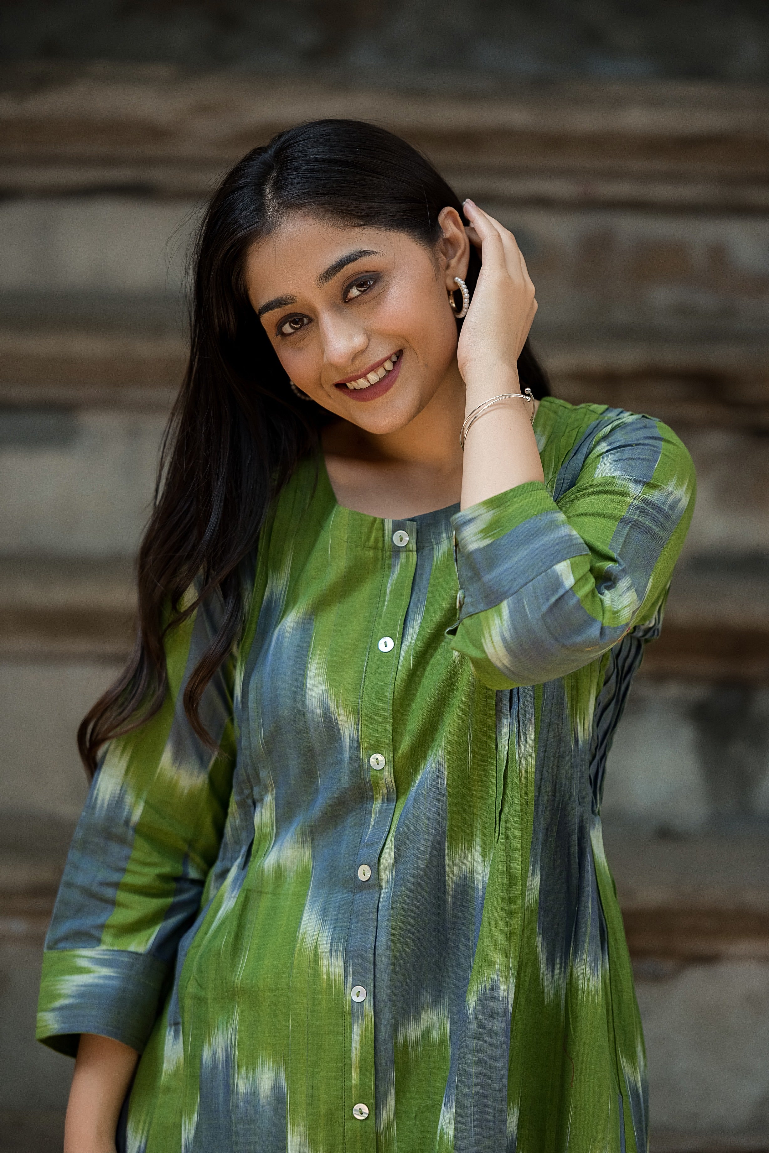 Green-grey Ikkat Front Both Side Plitted A-line Kurti And Palazzo set