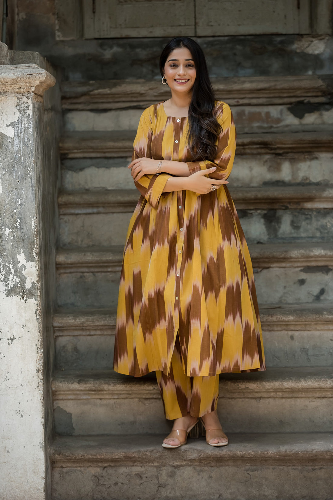 Musturd yellow And Light Brown Handloom Ikkat Front Both Side Plitted A-line Kurti And Palazzo set