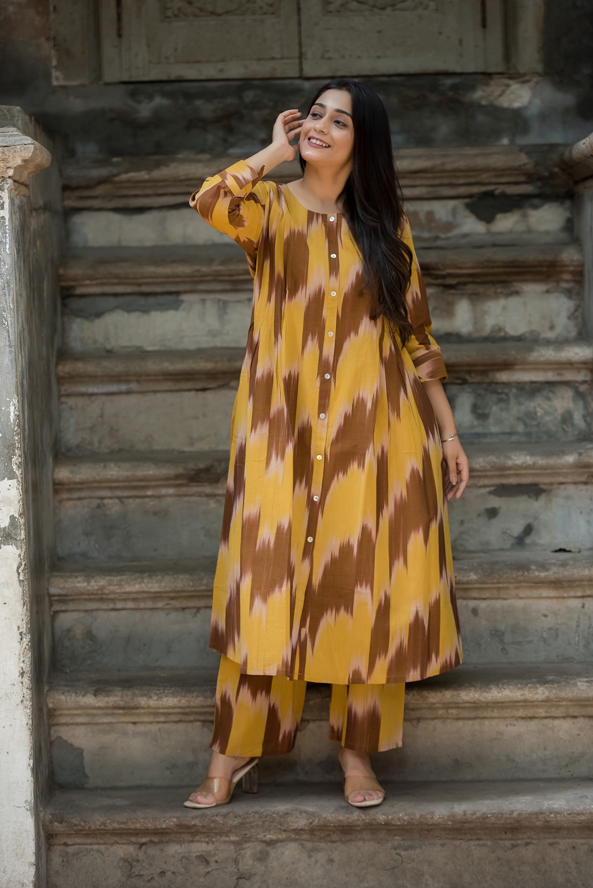 Musturd yellow And Light Brown Handloom Ikkat Front Both Side Plitted A-line Kurti And Palazzo set