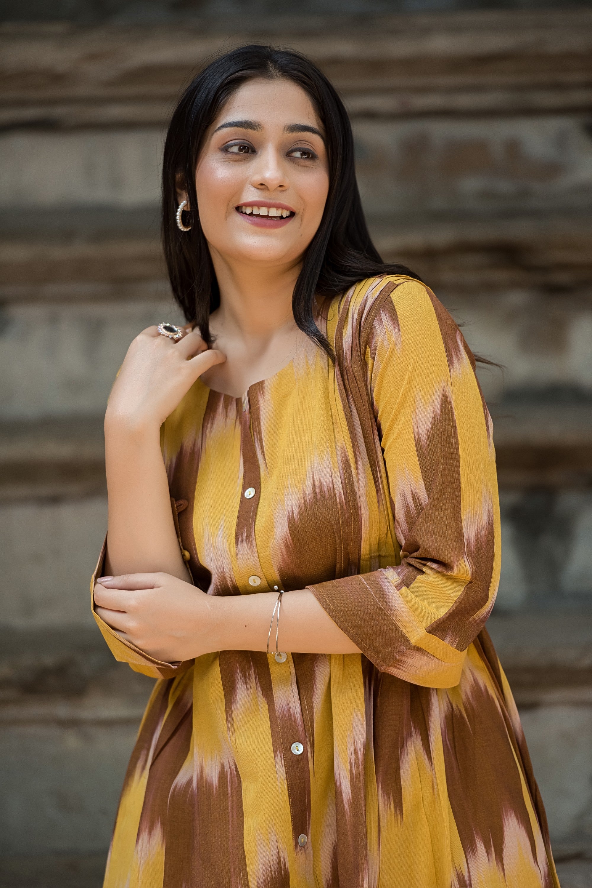 Musturd yellow And Light Brown Handloom Ikkat Front Both Side Plitted A-line Kurti And Palazzo set