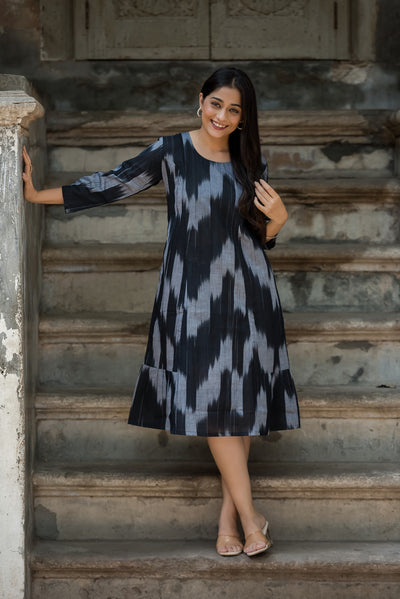 Black Grey Handloom Ikkat Comfortable A-line dress